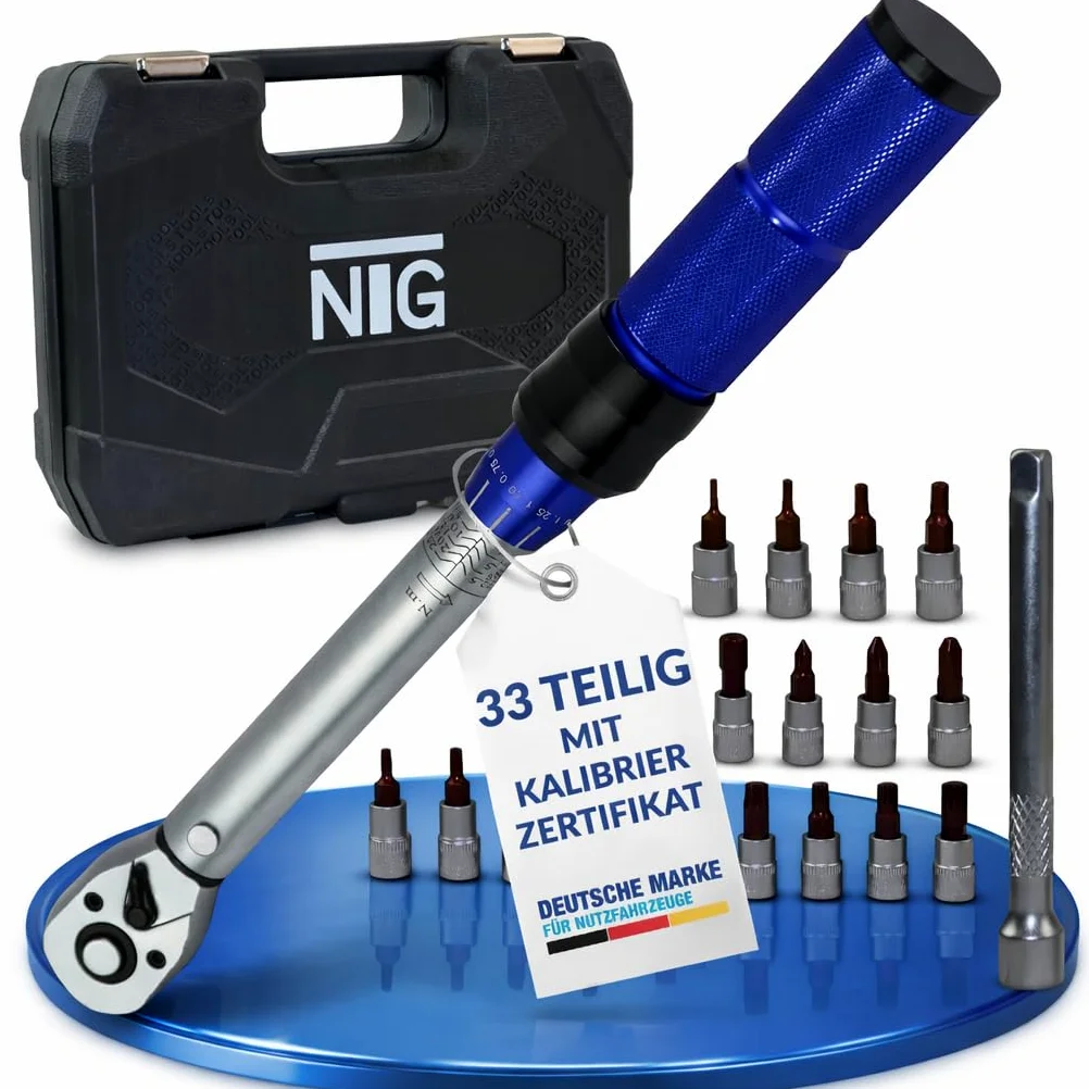 NTG Klucz dynamometryczny 1/4 cala 5-25 Nm | idealny do rowerów i motocykli | zestaw do sortowania z drążkiem przedłużającym, 23 bity, 6 nasadek i walizką | z certyfikatem kalibracji z indywidualnym