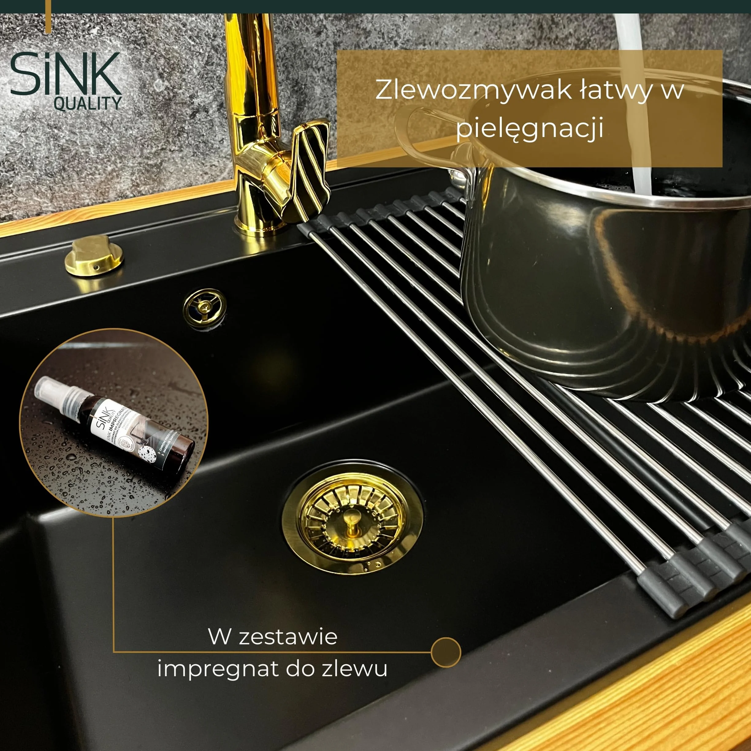 SINK Quality Zlewozmywak Jednokomorowy Czarny 56x51 cm - W zestawie syfon grafitowy i impregnat - Granitowy Zlew Kuchenny do szafki o szerokości od 60 cm