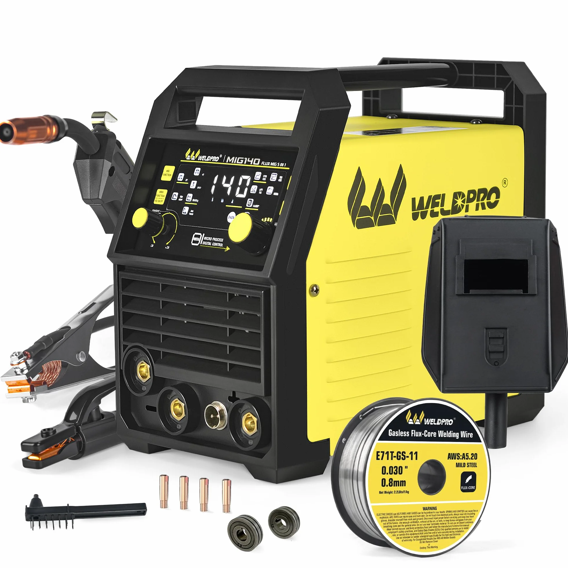 WeldPRO Lutownica MIG 140A 110/220V, lutownica rdzenia przepływowego 5 w 1, synergiczna MIG/grubość MIG/Lift TIG/MMA/spawarka punktowa, spawarka inwerterowa IGBT z cyfrowym wyświetlaczem LED