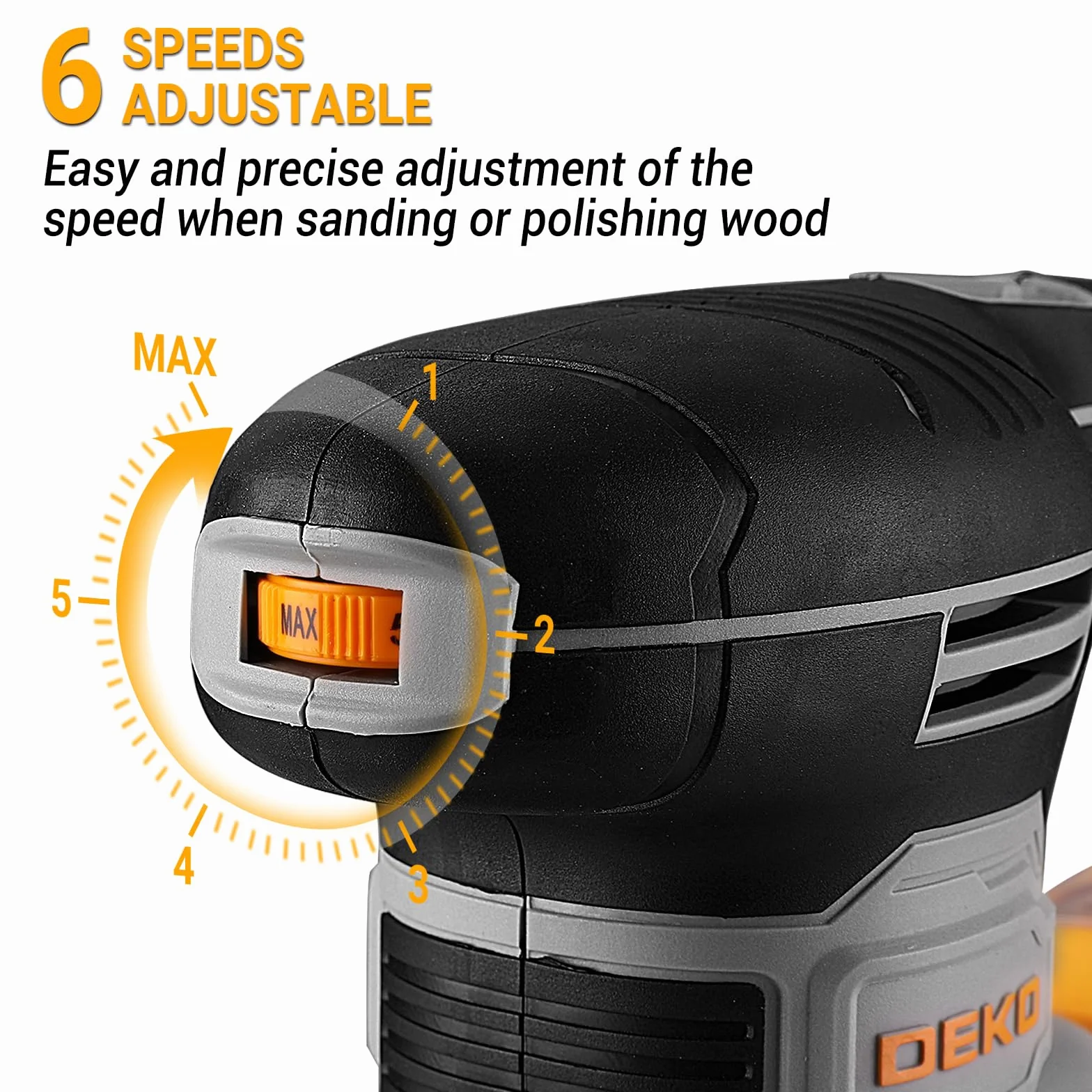 DEKOPRO szlifierka mimośrodowa, 125 mm, szlifierka oscylacyjna 3 w 1-6 Speed Electric do drewna, z 15 szt. papieru ściernego (kolor szary)