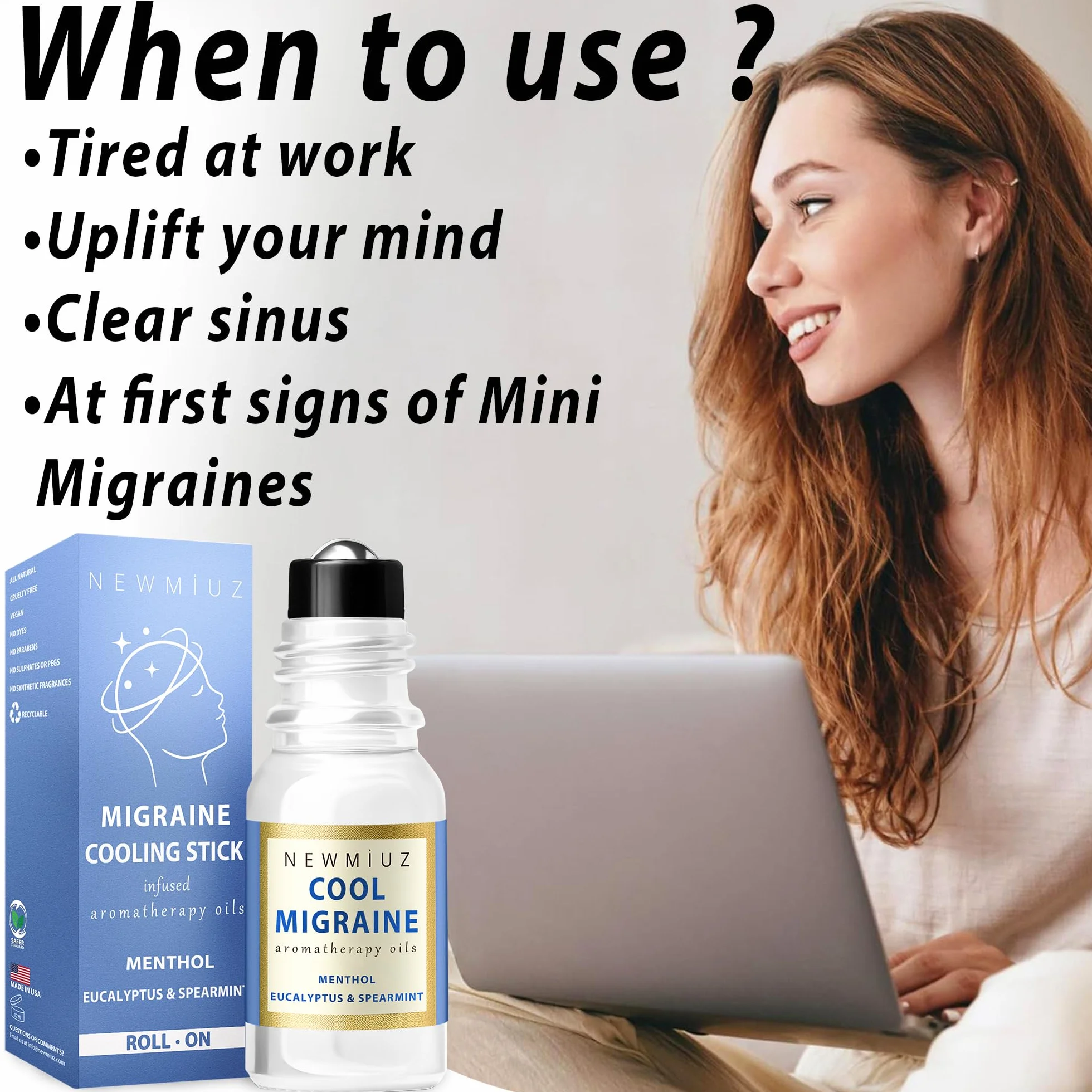 Cooling Menthol Migraine Roll-On Stick Peppermint Eucalyptus Aroma Therapy Essential Oils Headaches