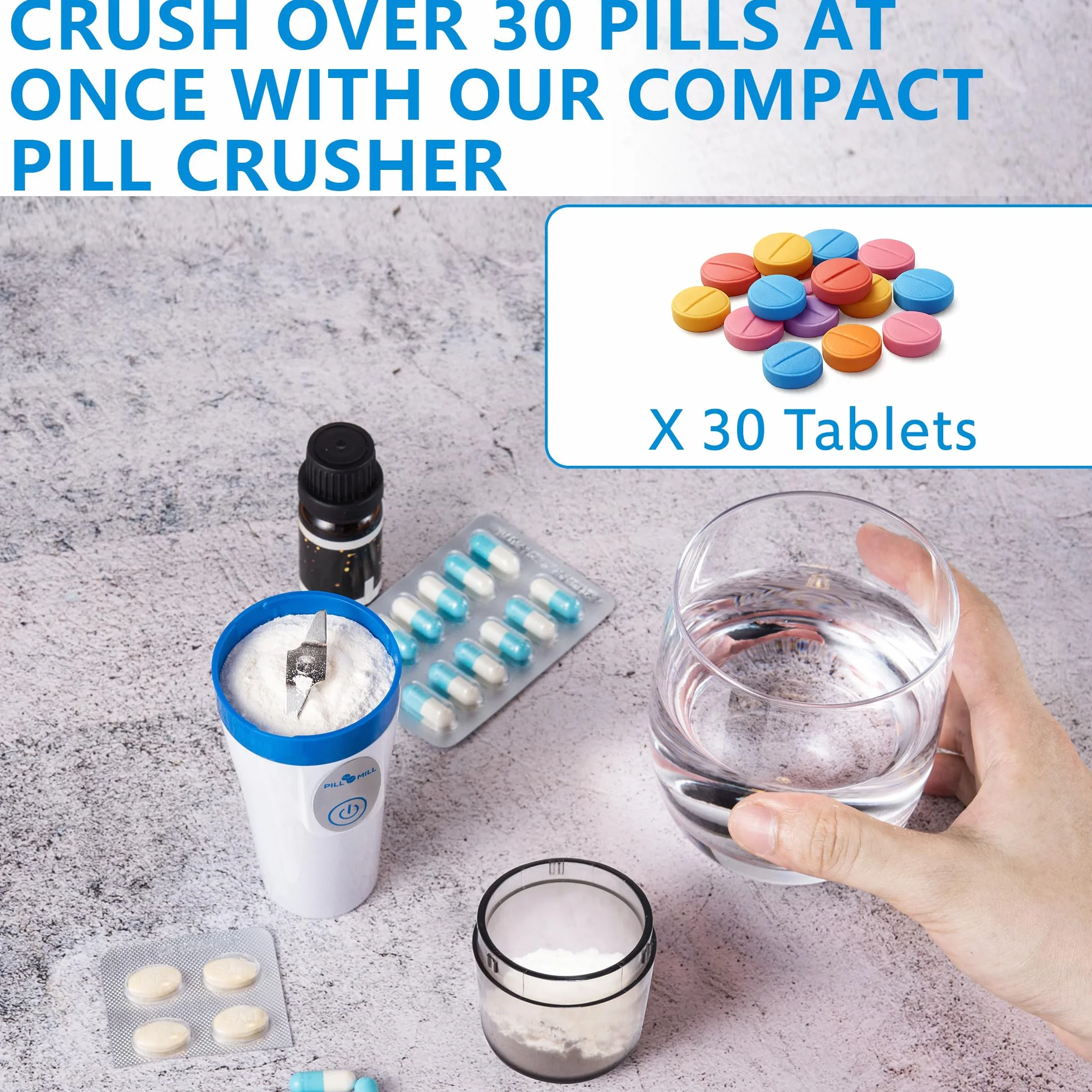 Pill Mill mała elektryczna kruszarka do tabletek, drobny proszek - młynek do tabletek drobny proszek - młynek do proszków dla osób starszych, młynek do leków do małych i dużych tabletek, Triturador de