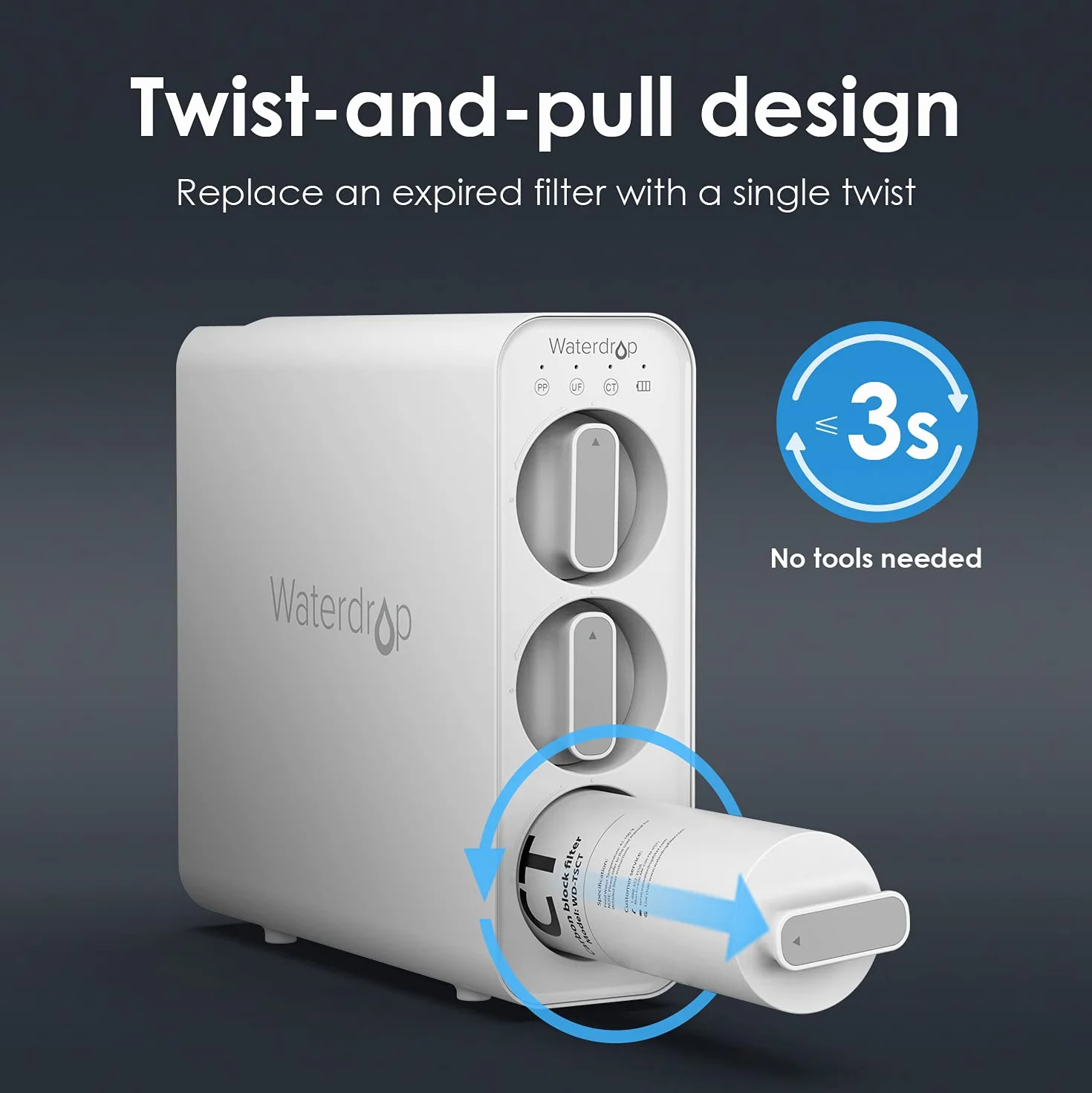Waterdrop TSCT Podblatowy filtr do wody, zamiennik dla Waterdrop TSU-W, TSC 3-stopniowy system filtracji podblatowej wody o dużej pojemności, 7500 litrów. 1 opakowanie