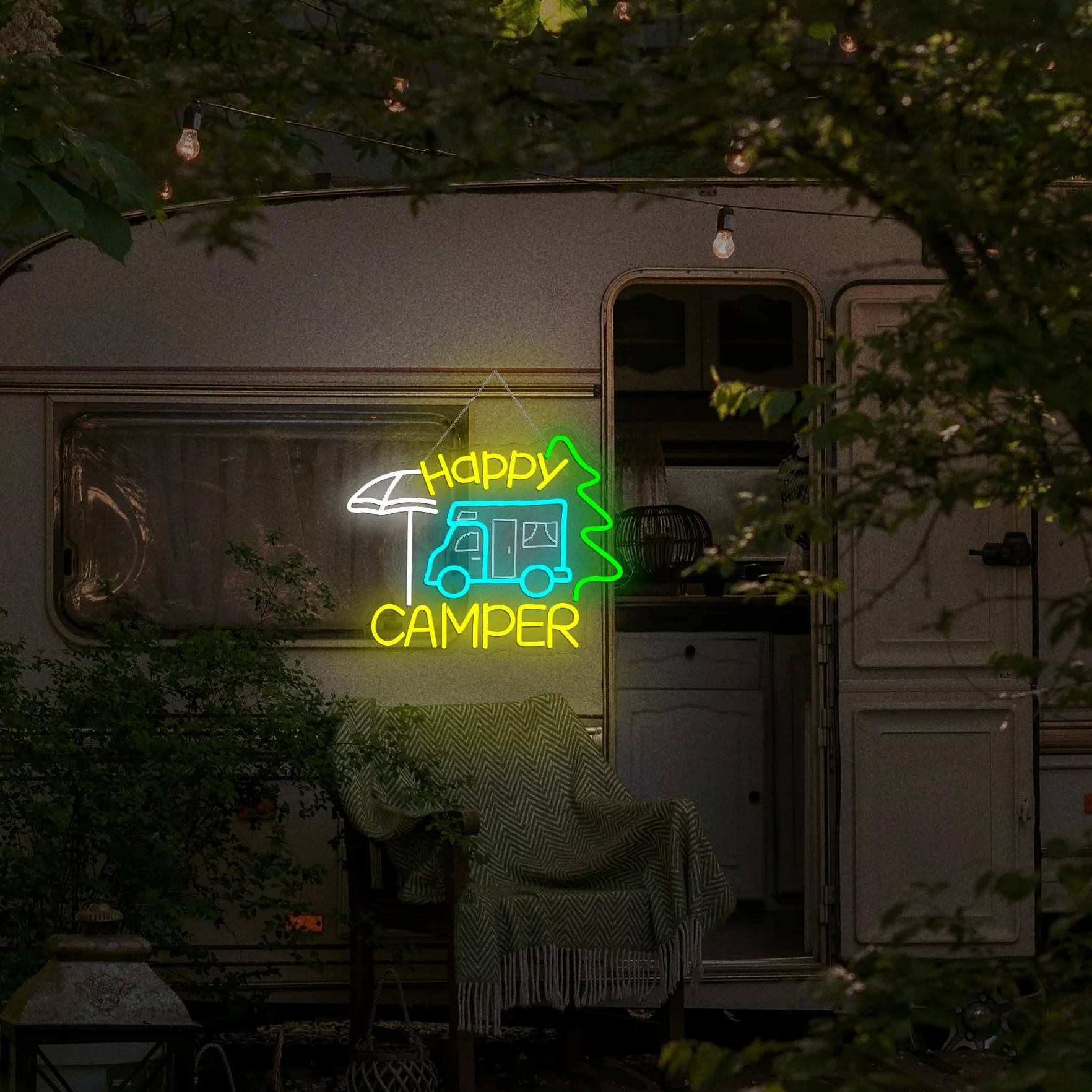 Szyld neonowy Happy Camper LED napis do kamperów reklama świetlna dekoracja kemping ogród