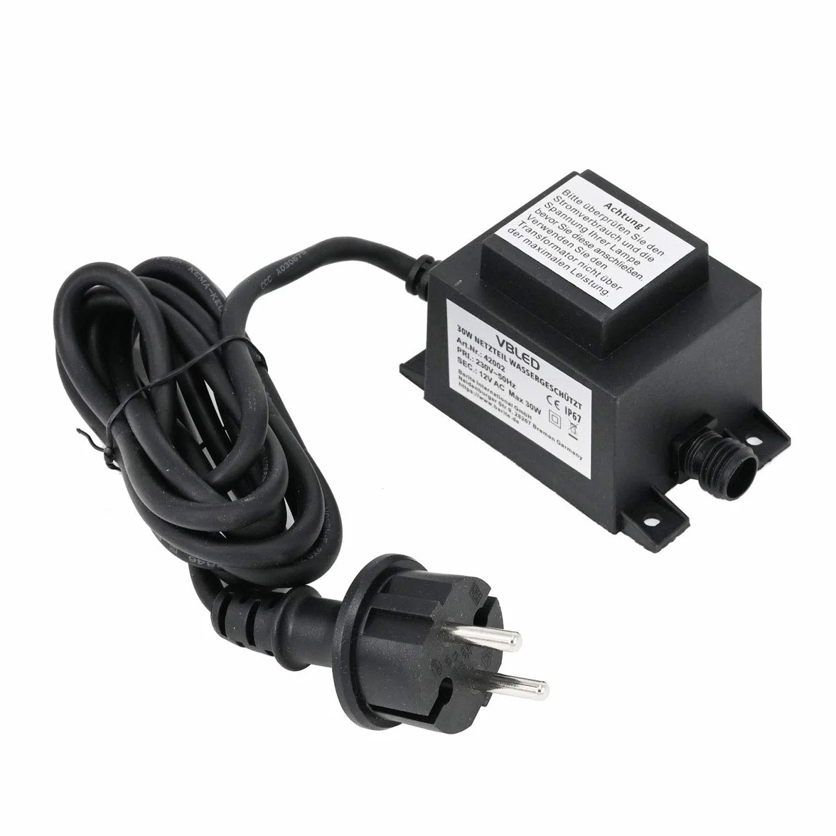 VBLED® Zewnętrzny zasilacz sieciowy, transformator 12 V AC / 30 W / IP67 do eksploatacji lamp z systemem wtykowym IP44 GARTUS (kompatybilny z lampami do zabudowy w ziemi i lampami ogrodowymi itp.)