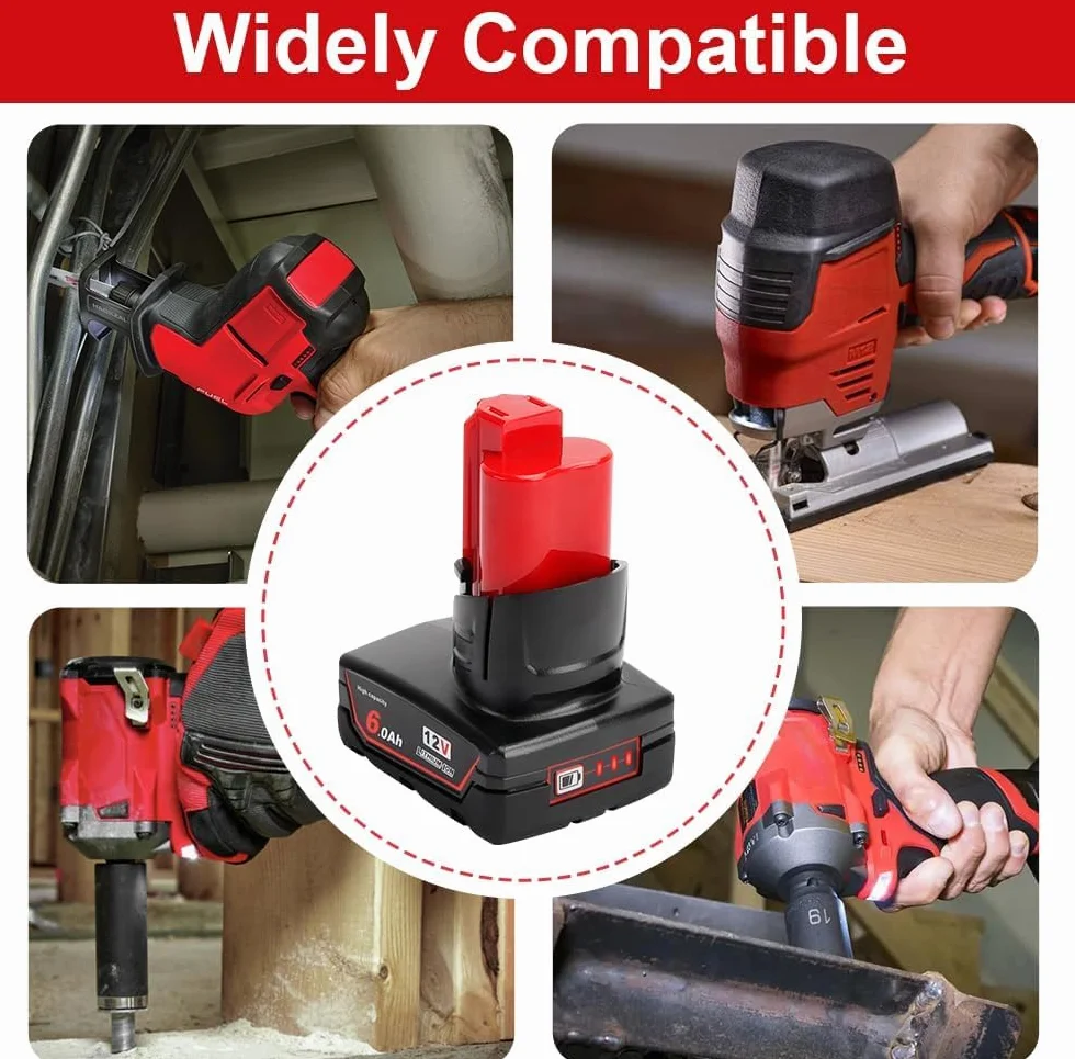 Powarobor 2 Pack M12B6 12V 6,0Ah akumulator litowo-jonowy zastępczy kompatybilny z akumulatorami narzędzi elektrycznych Milwaukee M12 Li-ion z wyświetlaczem LED 48-11-2460