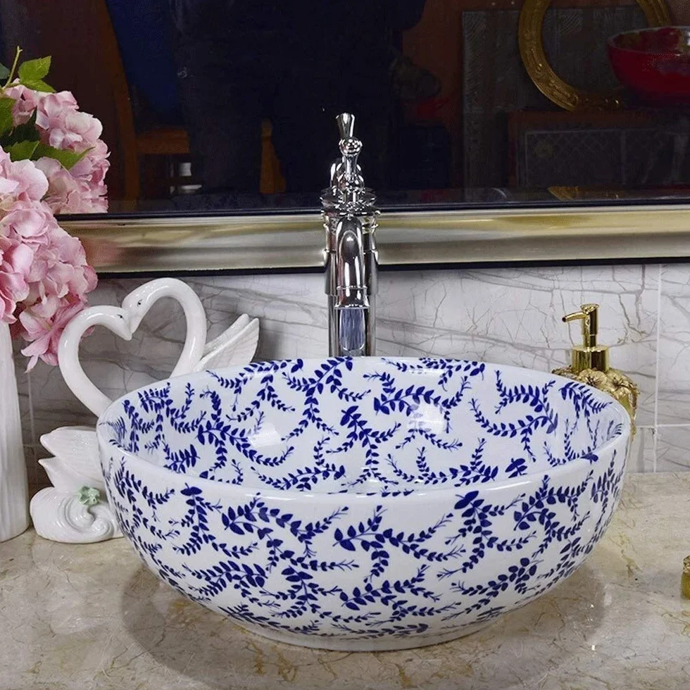 Szafka Pod Umywalkę Z Umywalką, Umywalka Nablatowa, Nowoczesna Okrągła Ceramiczna Umywalka Nablatowa, Porcelanowa Miska Nablatowa Z Ręcznie Malowanym Wzorem Liści