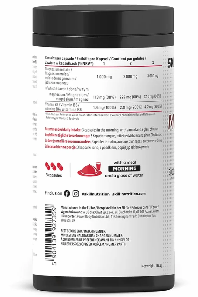 Skill Nutrition Magnesium Malate + Vitamin B6 120 kapsułek 340 mg magnezu 3000 mg jabłczanu magnezu B6 P-5-P