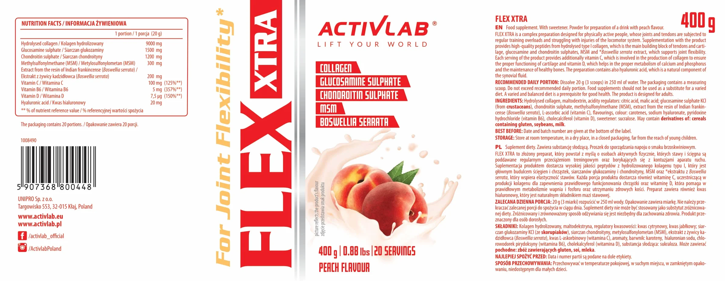 Activlab FLEX Xtra 400g | Smak Brzoskwiniowy | Kolagen Typ I | Glukozamina | MSM | Witamina C B6 D | Hyaluronian | Dla Stawów