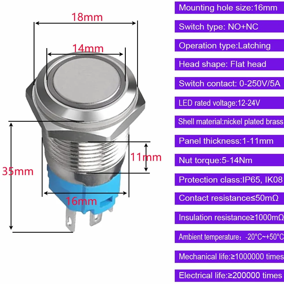 Gebildet 5 szt. 16mm Niebieski Metalowy Zatrzaskowy Przełącznik Przyciskowy LED Wodoodporny 12V-24V/5A 1NO 1NC WŁ./WYŁ. do Otworu Montażowego 5/8"