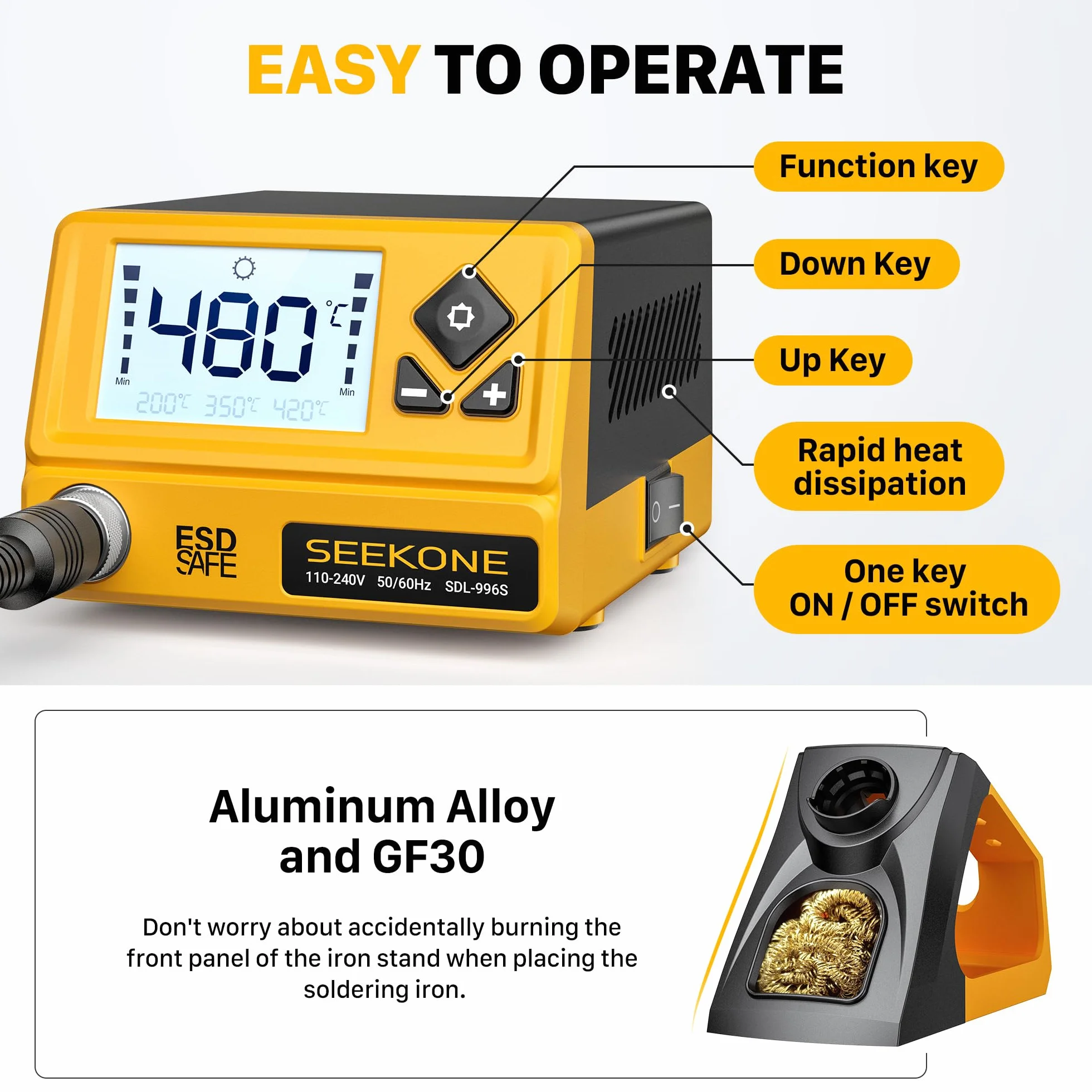 SEEKONE Stacja lutownicza 60 W, profesjonalna lutownica, regulowana temperatura 200℃-480℃ z wyświetlaczem LCD, cyfrowa stacja lutownicza z 5 grotami lutowniczymi, konwersja °C/°F, funkcja czuwania