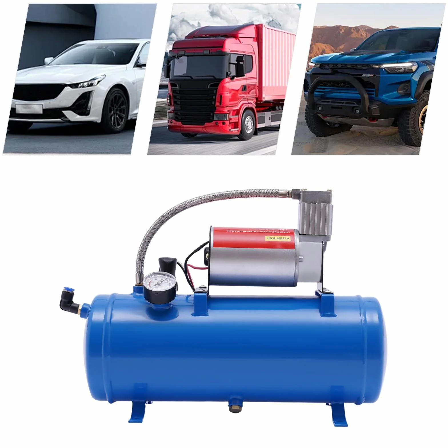 Sprężarka powietrza 12 V 150 PSI 6 l, kompresor powietrza, zbiornik z wężem 3,8 m, sprężarka powietrza do klaksonów, opon samochodowych, silników samochodowych