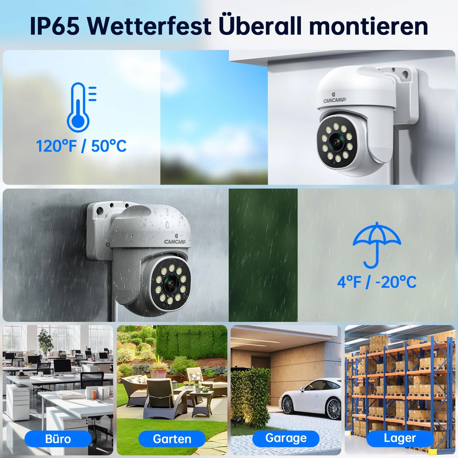 CAMCAMP 5 MP PoE kamera do monitoringu, zestaw zewnętrzny, 4 x kamera PoE IP i 500 GB HDD NVR do nagrywania 24/7 w pomieszczeniach, na zewnątrz, automatyczne śledzenie, 2-drożne audio, widoczność w
