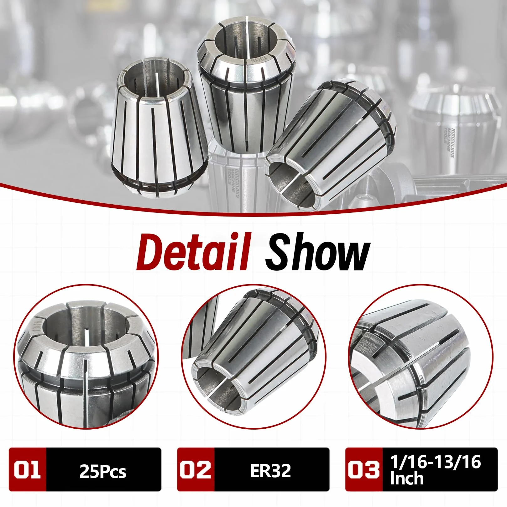 Zestaw tulei zaciskowych ER32 25 szt. Zestaw tulei zaciskowych ER32 ze sprężyną zaciskową, narzędzie do tokarki grawerującej CNC 1/16-13/16 cala, pasuje do maszyny grawerującej CNC i tokarki frezują