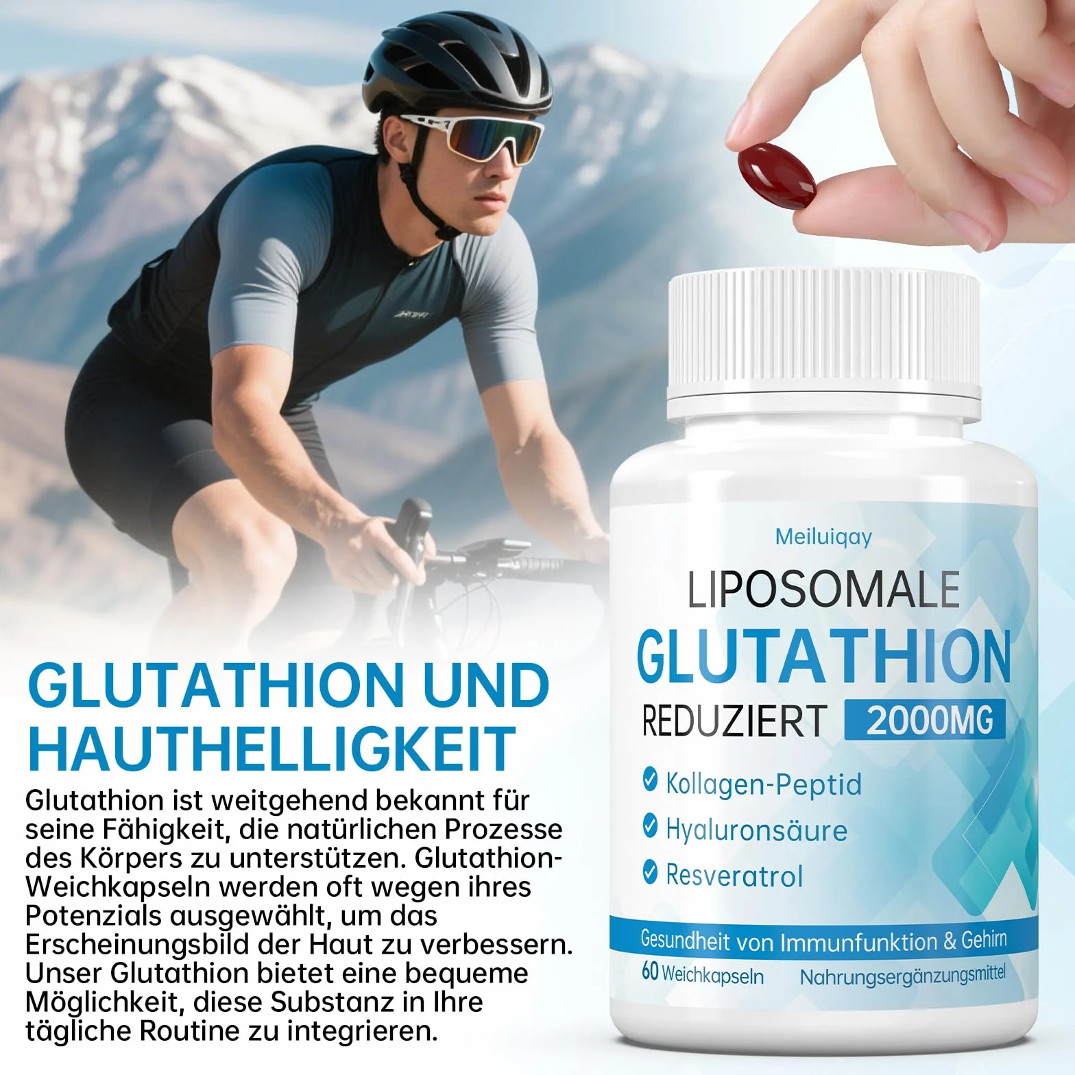 Liposomales Glutathion 2000 mg mit Hyaluronsäure, Kollagenpeptid & Resveratrol, 60 Stück
