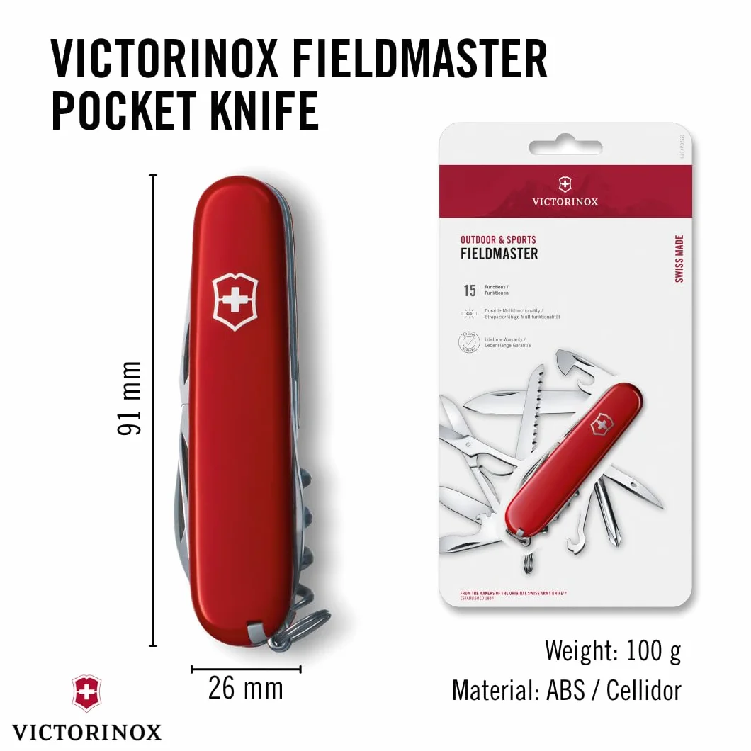 Victorinox scyzoryk Fieldmaster (15 funkcji, uniwersalny haczyk, otwieracz do puszek, nożyczki), czerwony