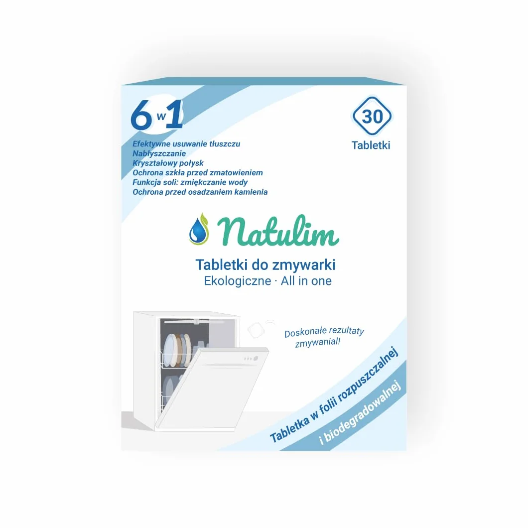 Natulim Biodegradowalne i rozpuszczalne w wodzie tabletki do zmywarek 6 w 1 (30 tabletek), głębokie czyszczenie, środek do płukania, dodatkowy efekt suszenia, wyprodukowano w Europie