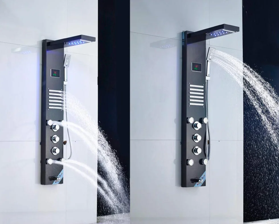 Panel prysznicowy ze światłem LED, kran, głowica prysznicowa typu wodospad, deszczownica, kolumna prysznicowa z dyszami do masażu SPA, cyfrowy wyświetlacz temperatury wody