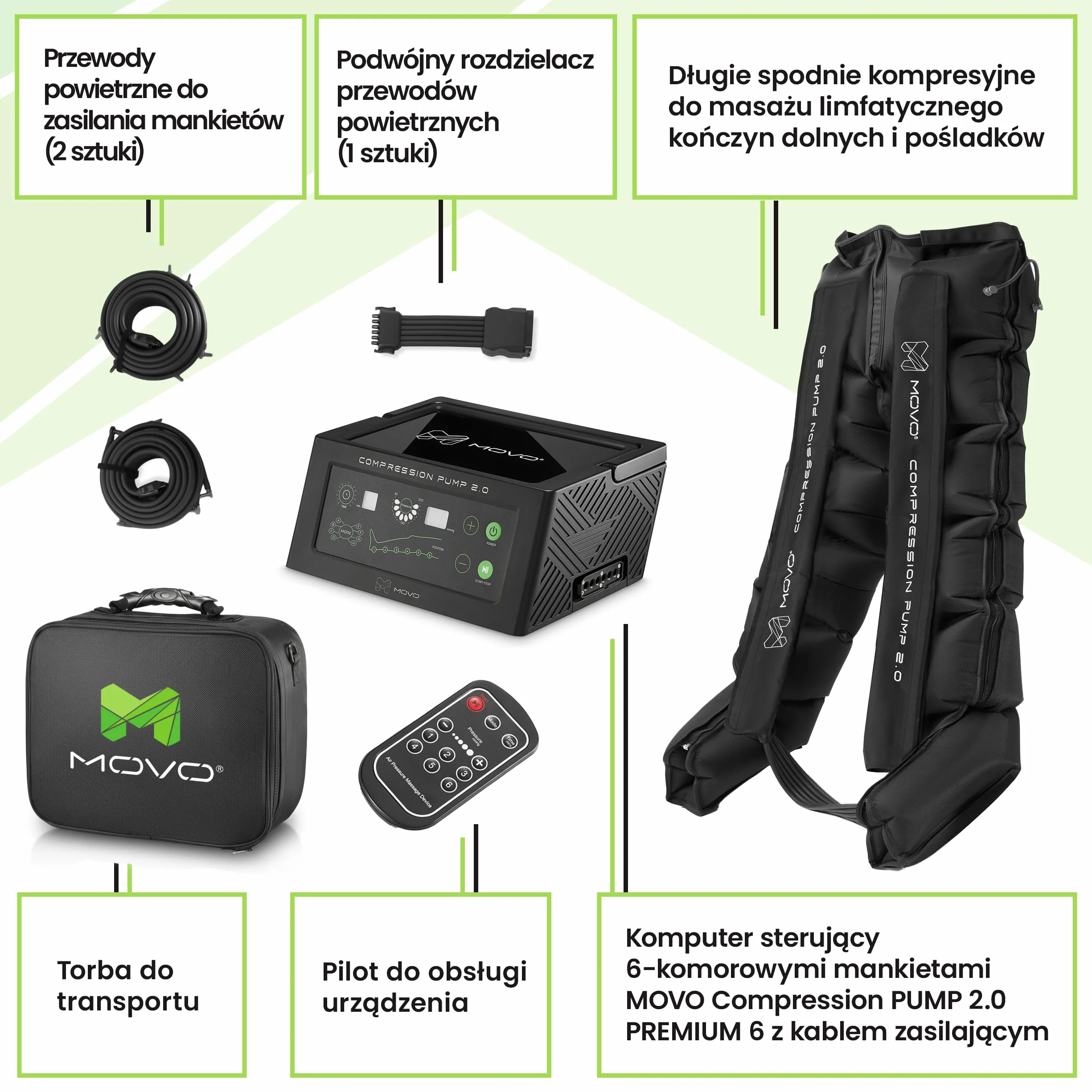 MOVO COMPRESSION PUMP PREMIUM 6 - SPODNIE - sześciokomorowe urządzenie do regeneracji ze spodniami kompresyjnymi i 8 programami masażu