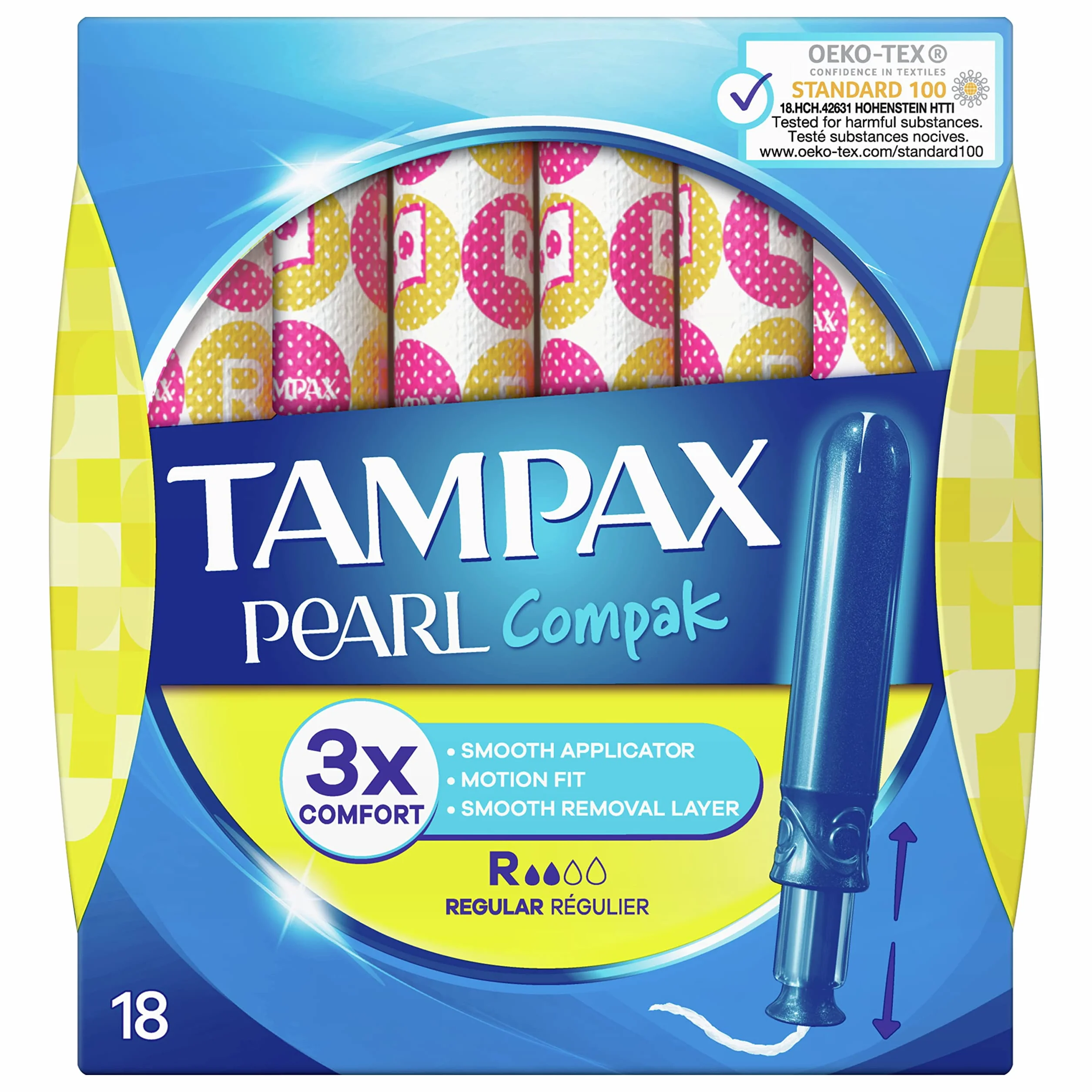 Tampax Compak Pearl regularny 18 podkładek z aplikatorem lekki do średniego przepływu potrójny komfort Oeko-Tex