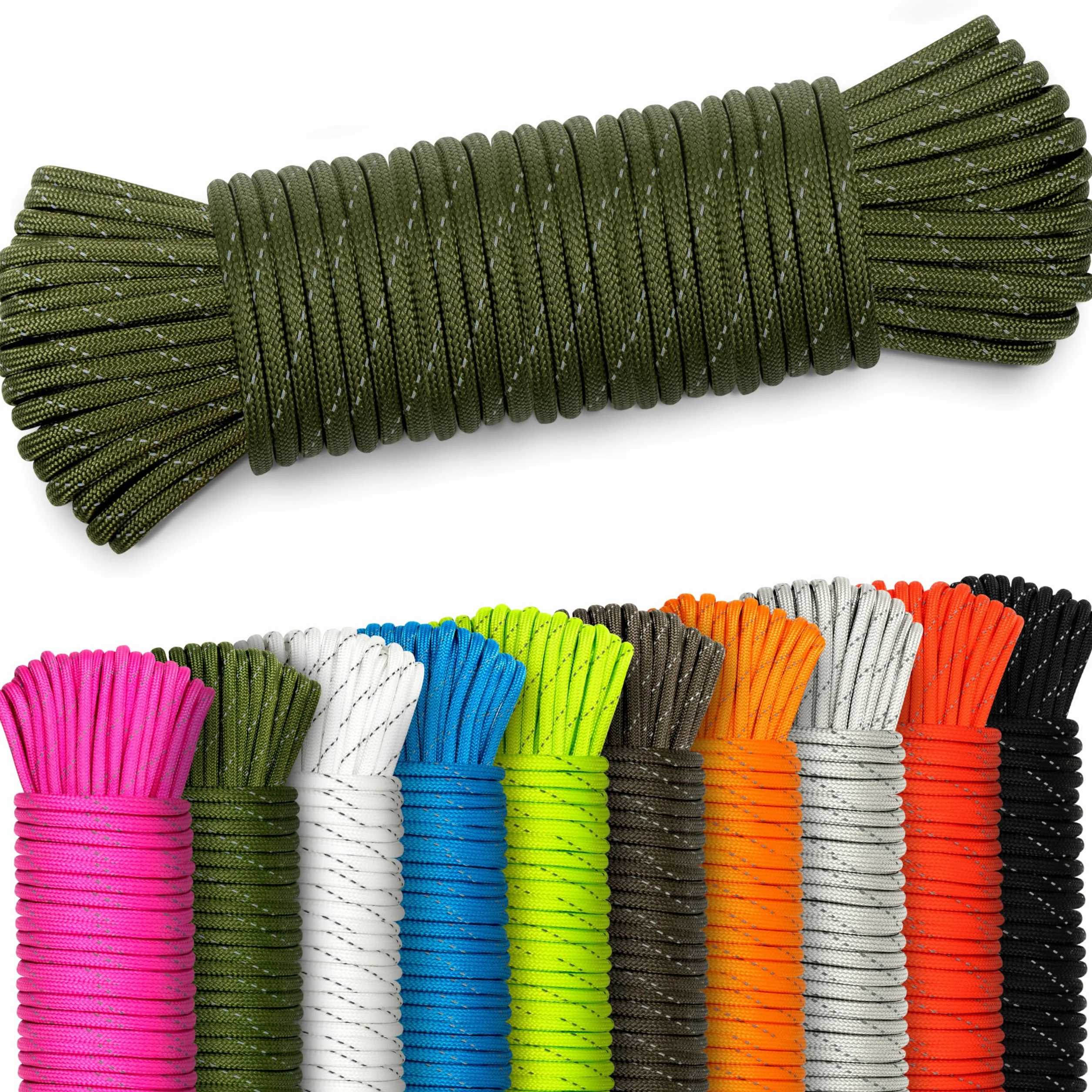 NOWA AMZoutdoor® 4mm odblaskowa linka Paracord 550 | Odblaskowa linka Paracord | Sprzęt outdoorowy | Kemping outdoorowy | Linki Paracord (Oliwkowo-zielona/kamuflaż odblaskowy, 5 metrów)