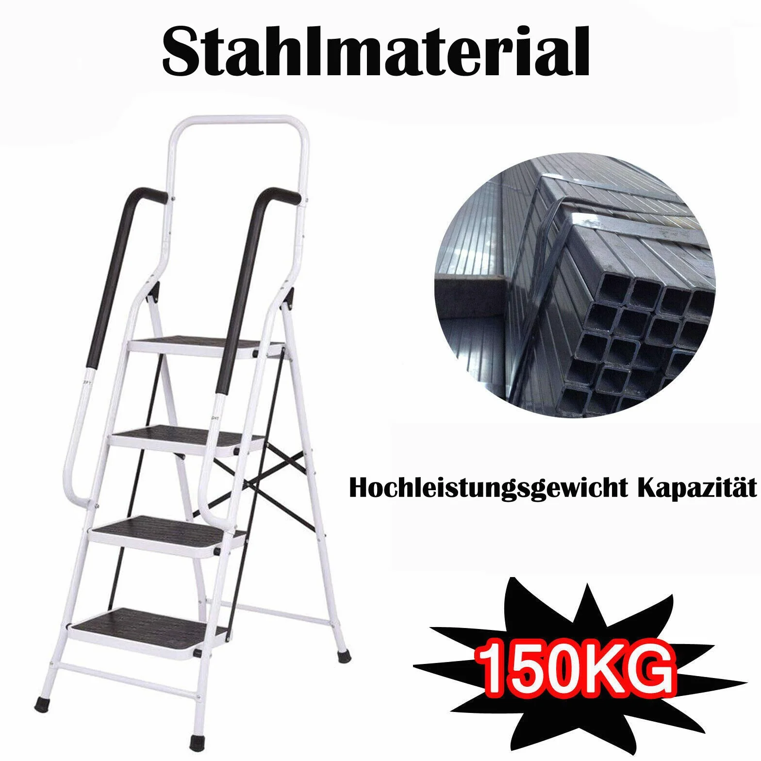 Komfortowa drabina ze stali, 4 stopnie z poręczą, wysoki uchwyt zabezpieczający, nóżki z podeszwami Soft-Grip, obciążenie do 150 kg, certyfikat TÜV Süd