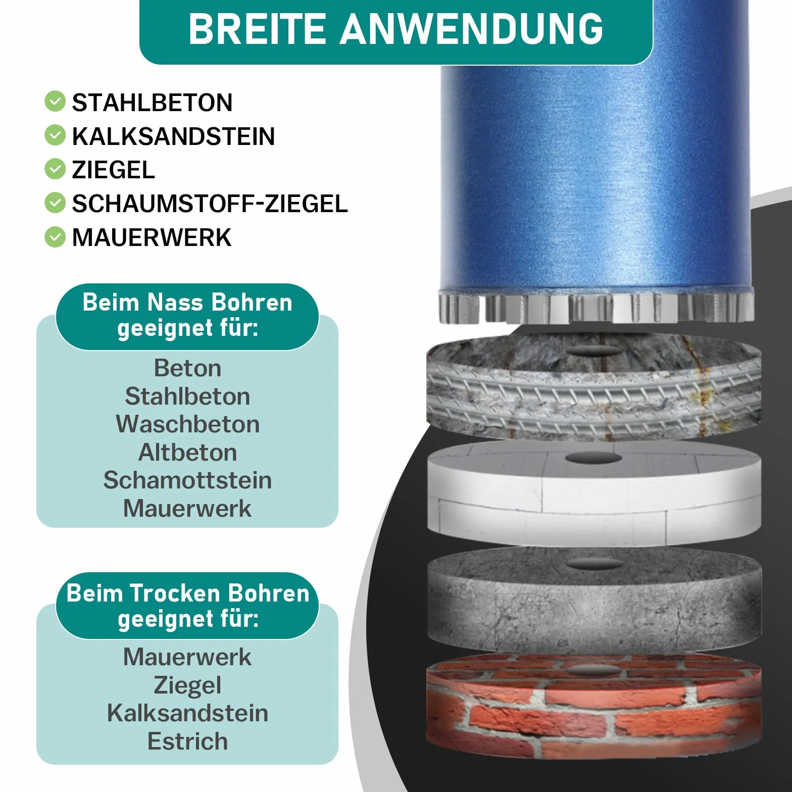 Diamentowa koronka wiertnicza wiertło rdzeniowe do wiertarki rdzeniowej z turbo, w zestawie SDS-Plus, 1 1/4", Ø 200 mm, długość całkowita 460 mm, wiertło do puszek na mokro i na sucho koronka