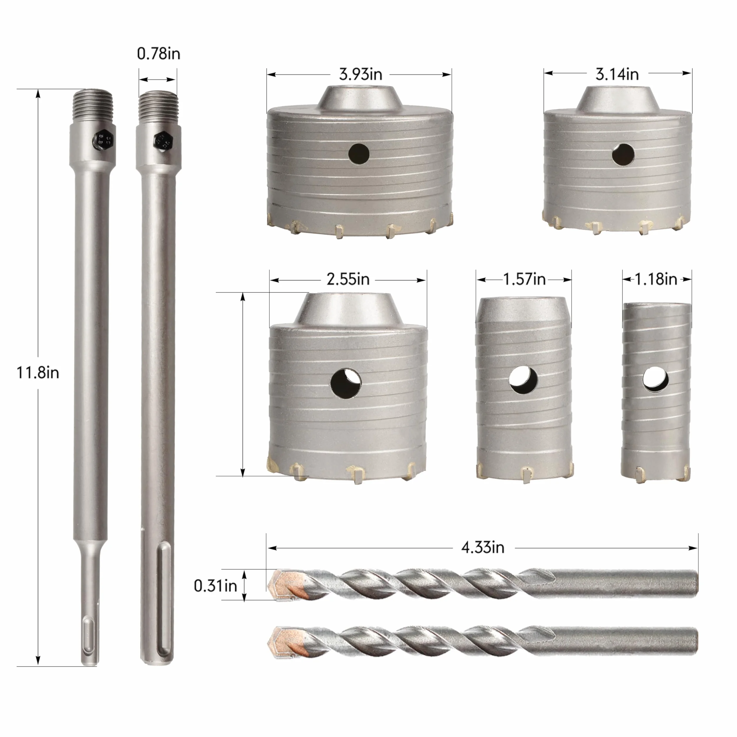 Zestaw otwornic do betonu (30, 40, 65, 80, 100 mm), 300 mm, węglik wolframu SDS Plus i SDS Max, zestaw otwornic do betonu, cegły cementowej, 9 szt