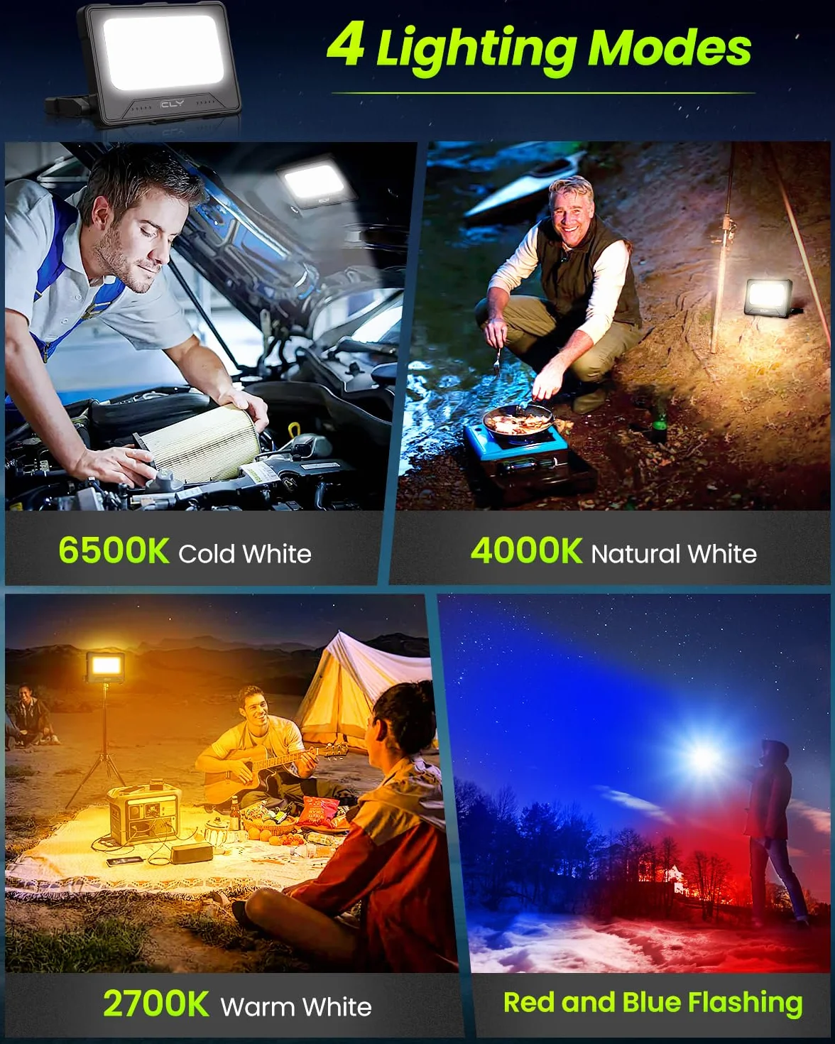 CLV 100W LED reflektor budowlany 12000MAH z akumulatorem LED, lampa robocza, reflektor 4 tryby świecenia, lampa kempingowa przenośna, 5 poziomów jasności, ładowana słonecznie, USB, lampa akumulatorowa