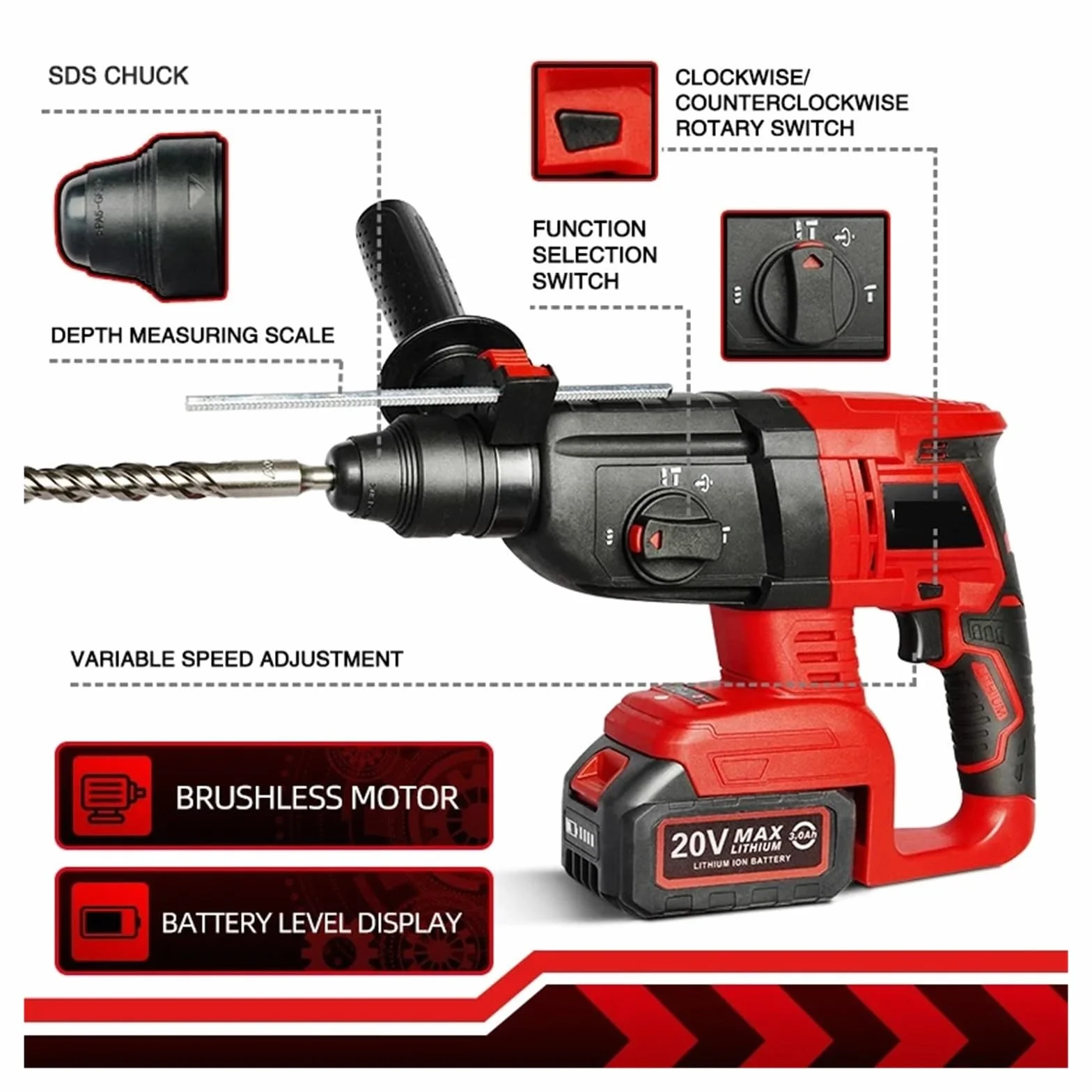 20V Elektryczna Wiertarka Udarowa Młot Obrotowy Silnik Bezszczotkowy Akumulatorowy Elektryczny Pick Do Przełącznika Swobodnie DużA Zdolność Wiercenia(H4-1BATTERY (3.0AH))