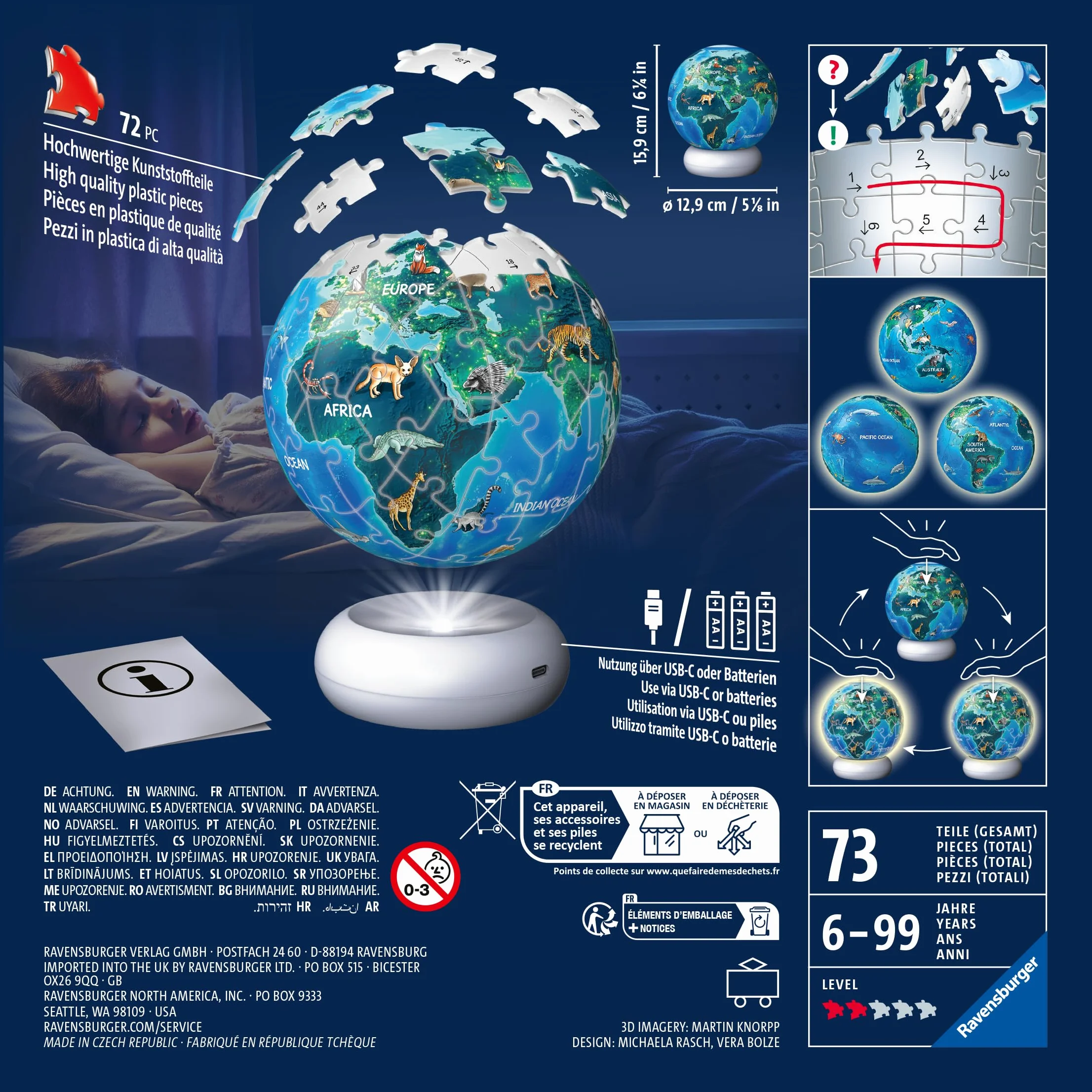 3D Puzzle-Ball Nachtlicht Erde mit Tiermotiven