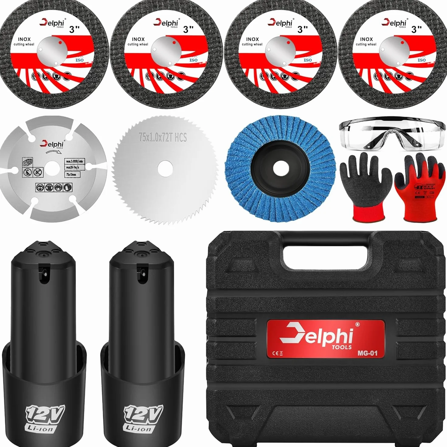 DELPHI Mini akumulatorowa szlifierka kątowa 75mm 12V 2 akumulatory Silnik bezszczotkowy Akumulator Mini Mocna szlifierka do cięcia Mini Akkuflex 7x tarcze tnące z walizką transportową