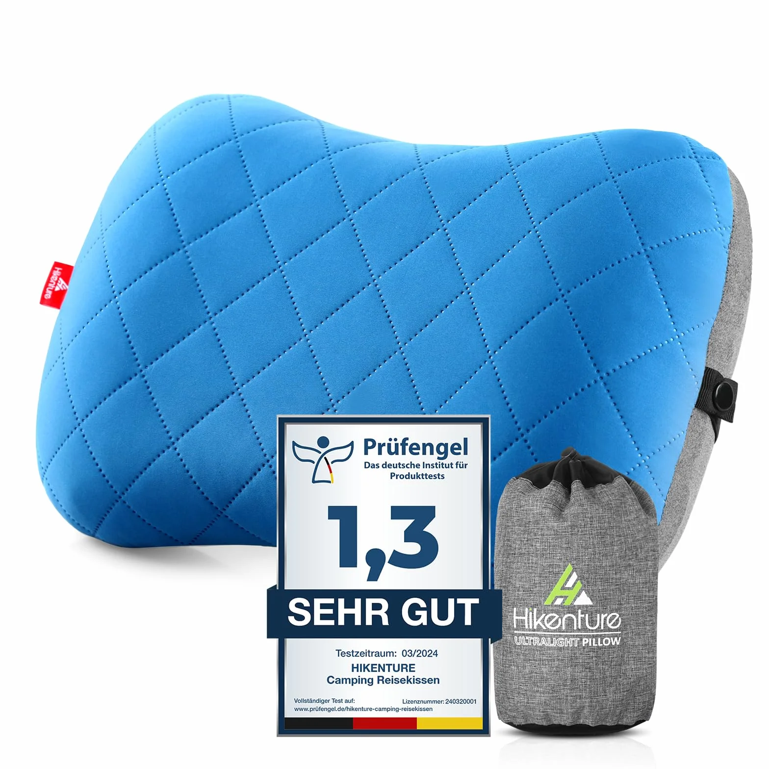 HIKENTURE nadmuchiwana poduszka kempingowa/podróżna ze zdejmowaną poszewką na poduszkę, ergonomiczna poduszka pod głowę, wygodna poduszka na kark do podróży / na zewnątrz (niebieska), rozmiar uniwersalny