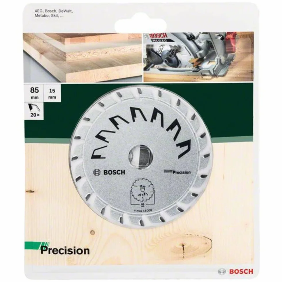Bosch 1x Tarcza pilarska Precison (do Drewna, Ø 85 x 1.1/0.7 x 15 mm, 20 Zęby węglikowe, ATB, Osprzęt pił tarczowych)