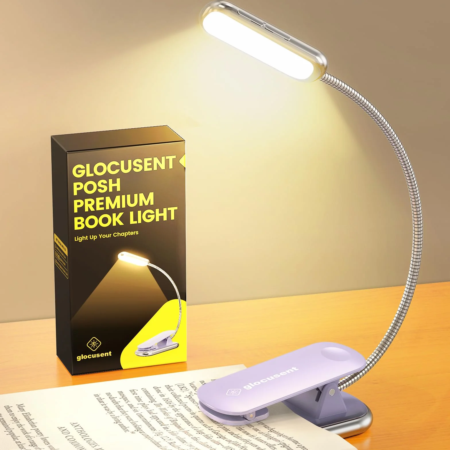 Glocusent Posh Premium lampka do czytania do książek w łóżku z timerem, 16-LED ładowalna lampka do czytania działa 160 godzin, 1800K Eyecare Clip na lampce do czytania, 3 kolory i 5 poziomów jasności (Fioletowy)