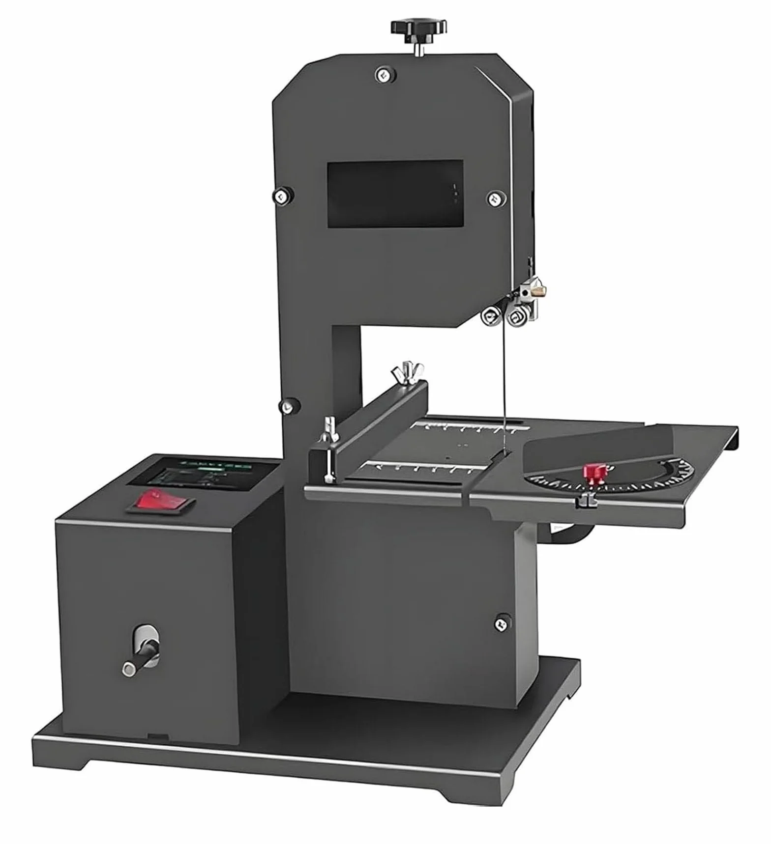 Profesjonalna taśmowa piła stołowa z odchylanym o 45° metalowym stołem roboczym,800W, głębokością cięcia 70 mm + prześwitem 90 mm, cięciami krzywoliniowymi i prostymi, 1750 obr./min