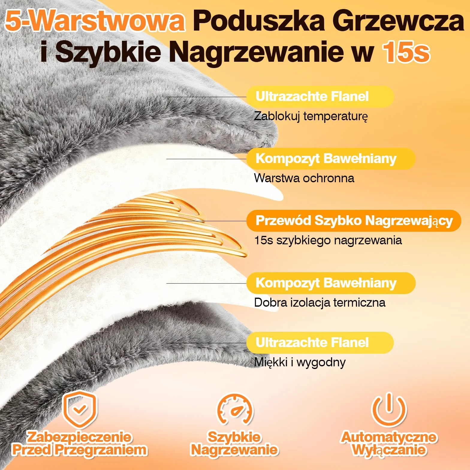 Poduszka Grzewcza na Plecy 60x100 cm 9 Poziomów Temperatury 4 Ustawienia Timera Automatyczne Wyłączanie Ochrona Przed Przegrzaniem Flaneela