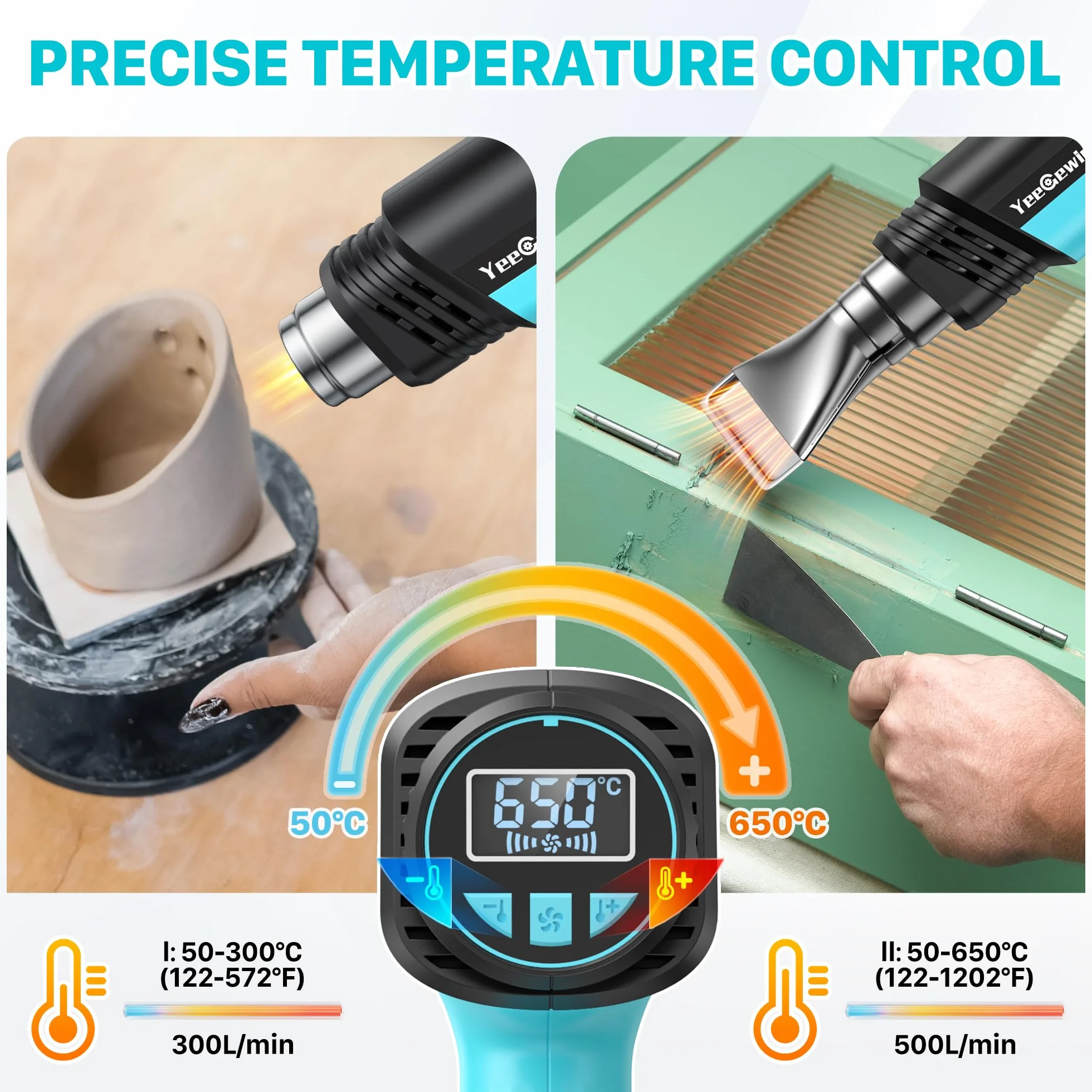 Pistolet na gorące powietrze 2000 W, regulacja temperatury 50-650℃ z wyświetlaczem LCD, zabezpieczenie przed przegrzaniem, pamięć włączenia, suszarka do usuwania farby, odkształcenia folii