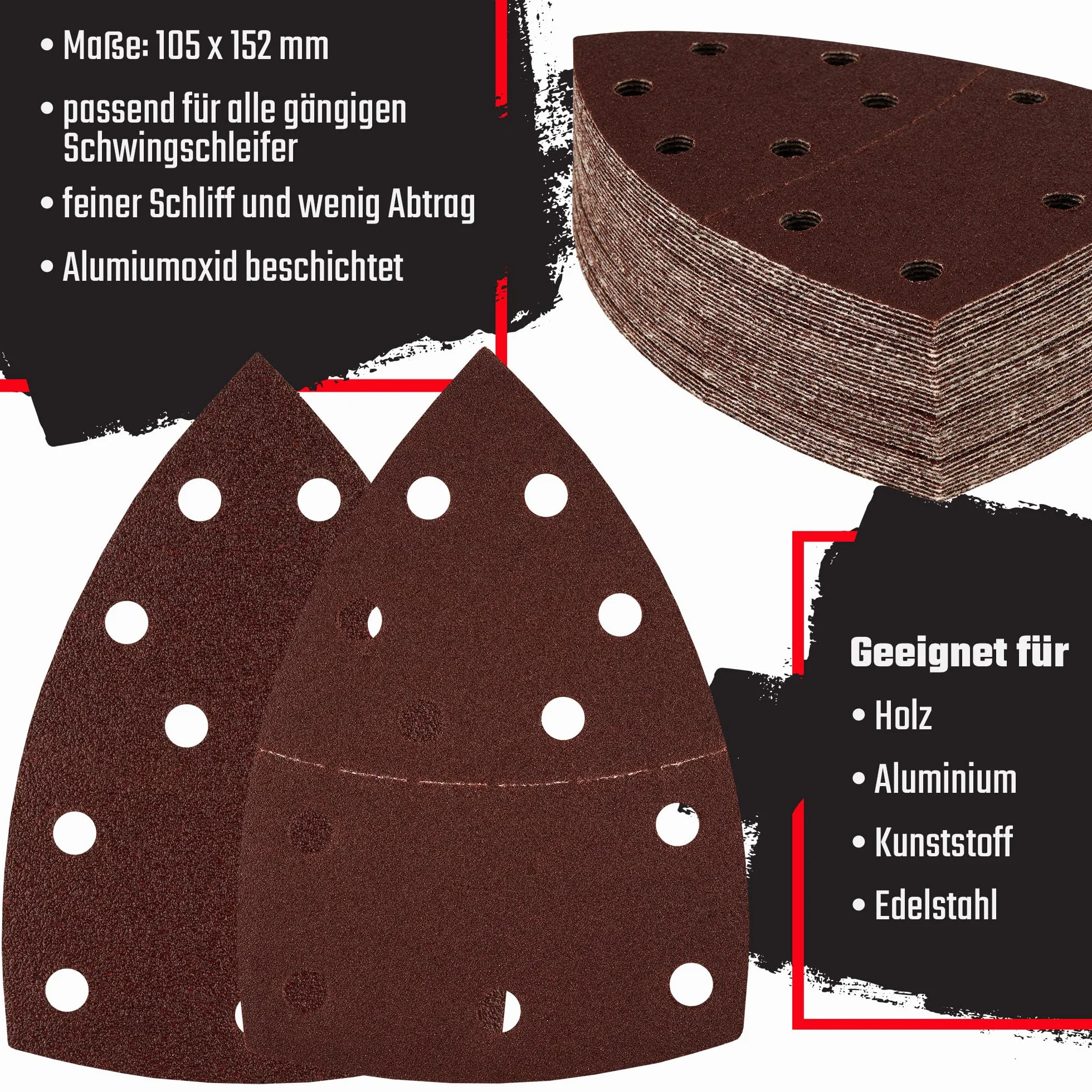 Prio trójkąty szlifierskie │ 180 sztuk │ 11 otworów │ 105 x 152 mm │ po 30 x ziarno 40/60/80/120/180/240 │ do szlifierek multi │ arkusze szlifierskie │ trójkątne podkładki szlifierskie │ papier ścierny