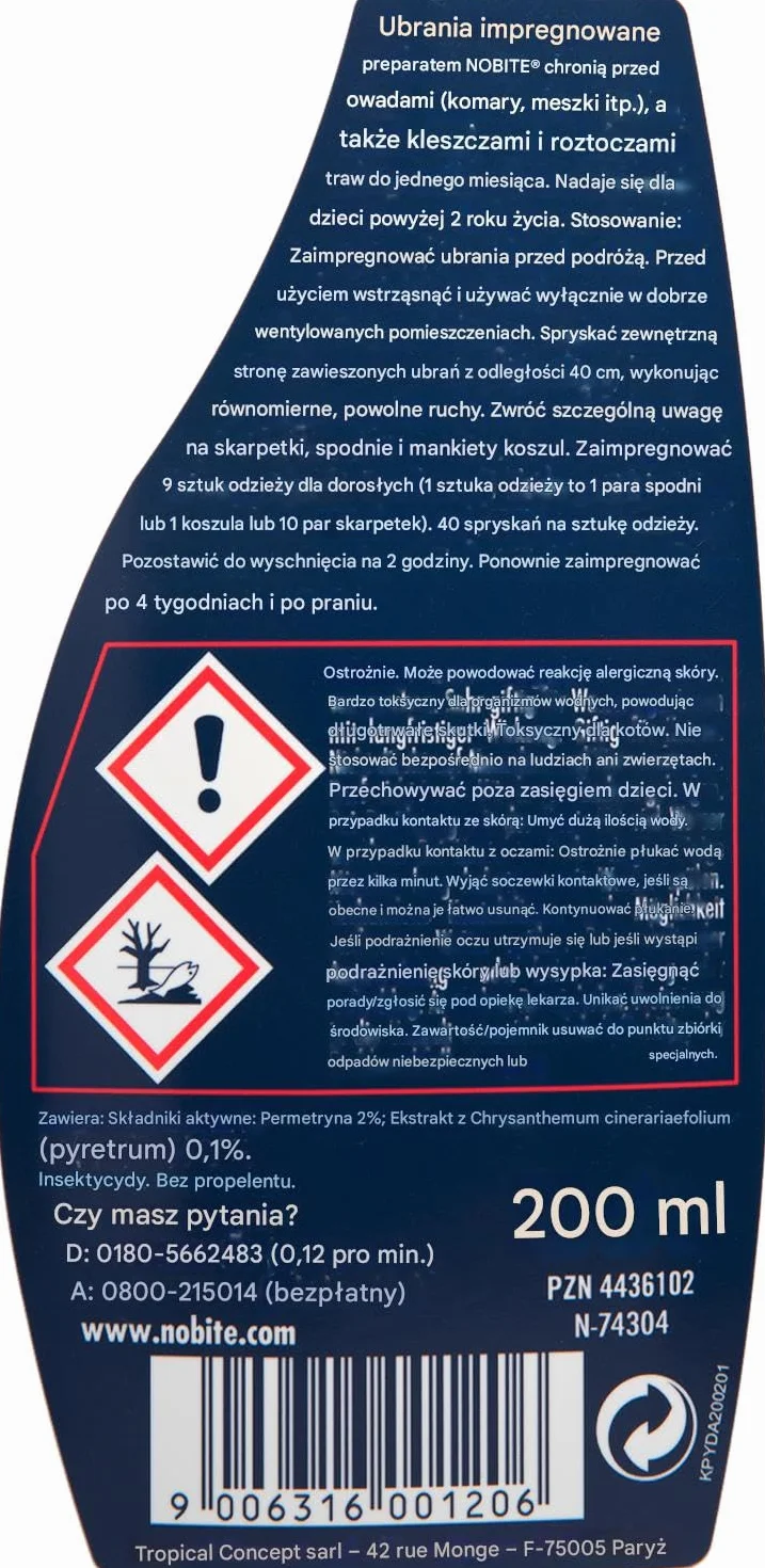 NOBITE Środek do impregnacji tkanin chroniący przed owadami 200 ML