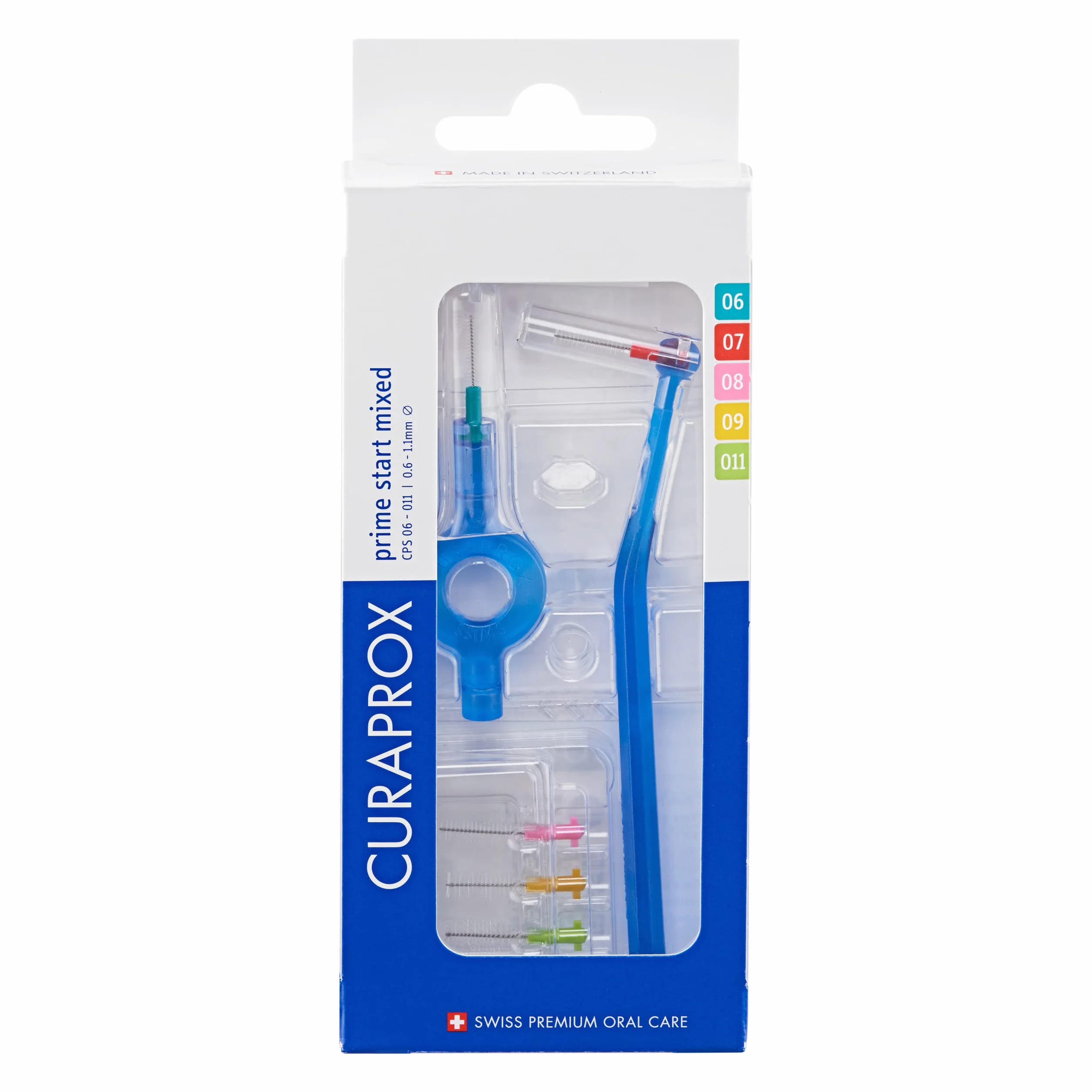 Curaprox Szczotki międzyzębowe CPS Prime Plus Mix-set/Średnica 0,6-1,1 mm/skuteczność 2,2-5 mm/Zestaw z 5 szczotkami Międzyzębowymi i uchwytem UHS 451 / Made in Switzerland