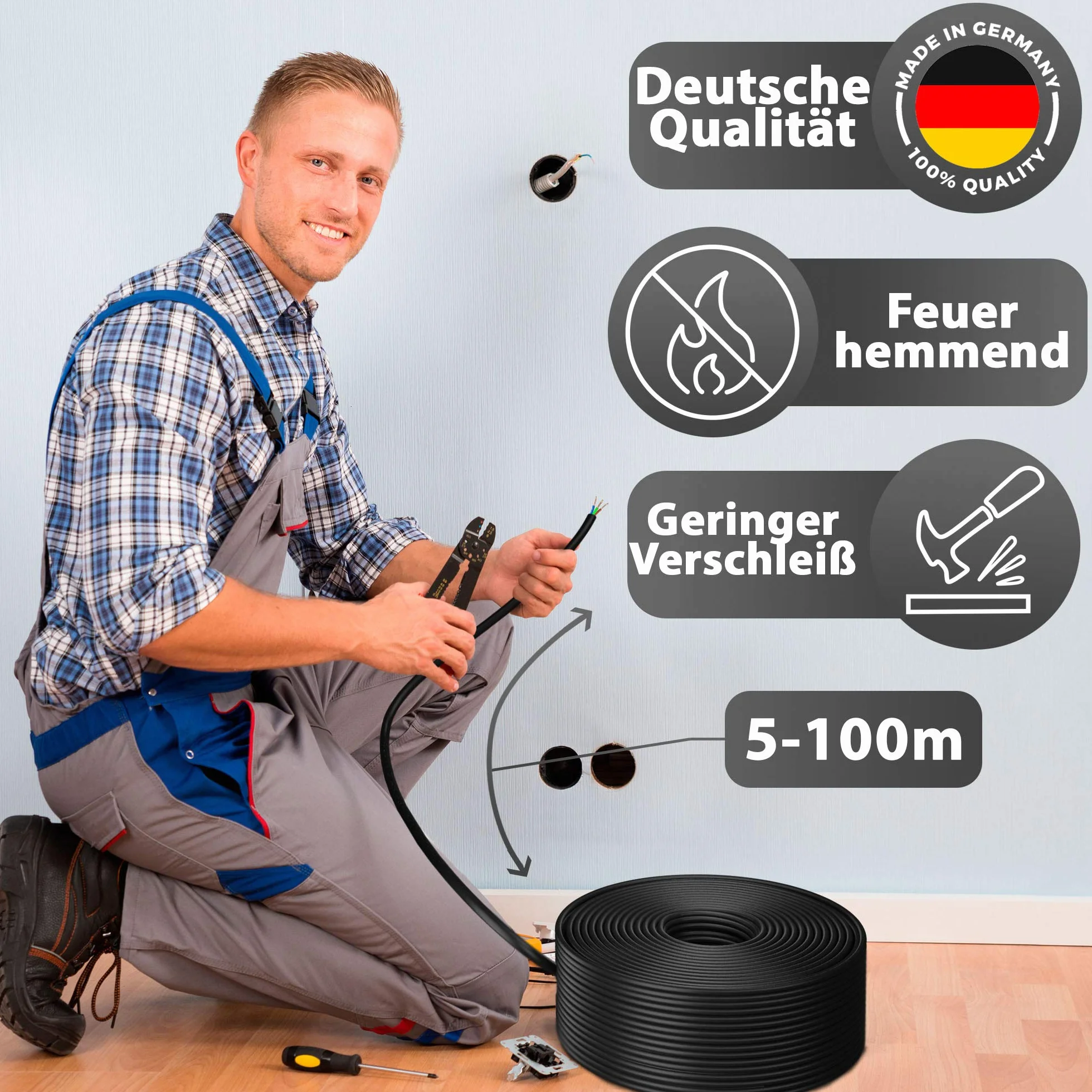 Kabel ziemny, kabel zasilający od 5 m do 170 m NYY-J 3 x 1,5 mm², kabel elektryczny zwój, do układania na wolnym powietrzu, w ziemi (130 m)