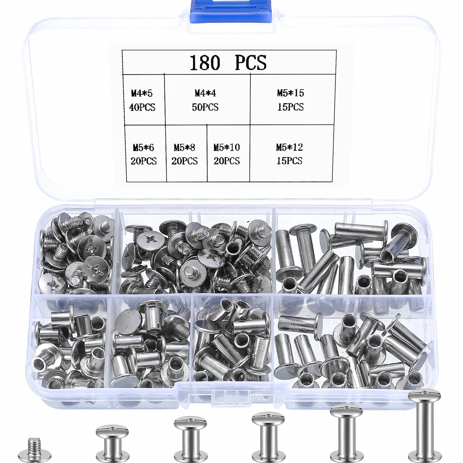 180 sztuk śrub Chicago, M4 M5 Wiązane śruby, Chicago Binding Screws, Nity do Bindowania Książek z płaską główką krzyżową, zatrzaski na guziki do książek Nity skórzane