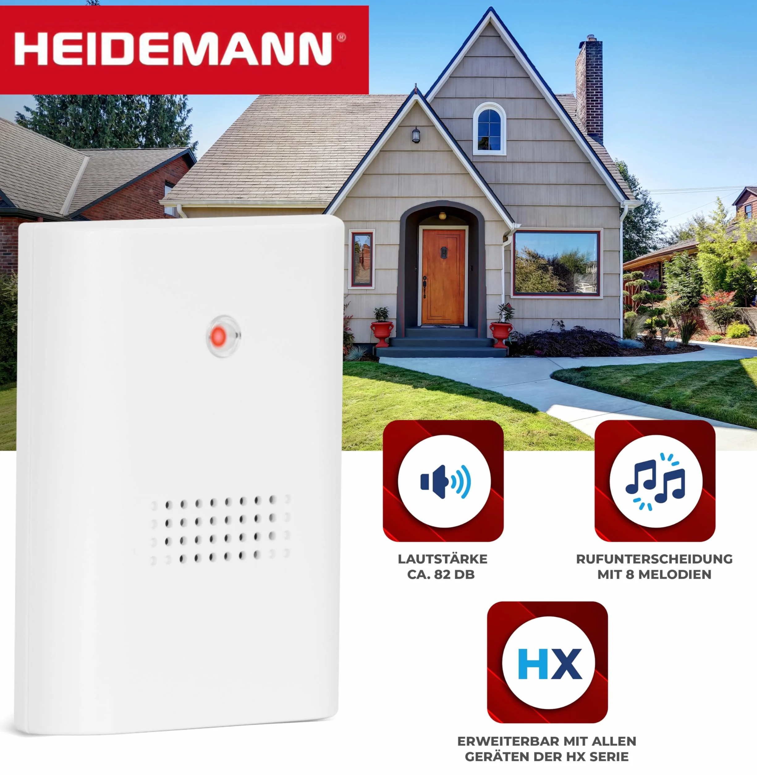 Heidemann HX One 70800 zestaw radiowych gongów (w zestawie nadajnik + odbiornik, 8 melodii regulowanych, dzwonek, zasięg ok. 100 m, optyczny sygnał połączenia, głośność 82 dB)