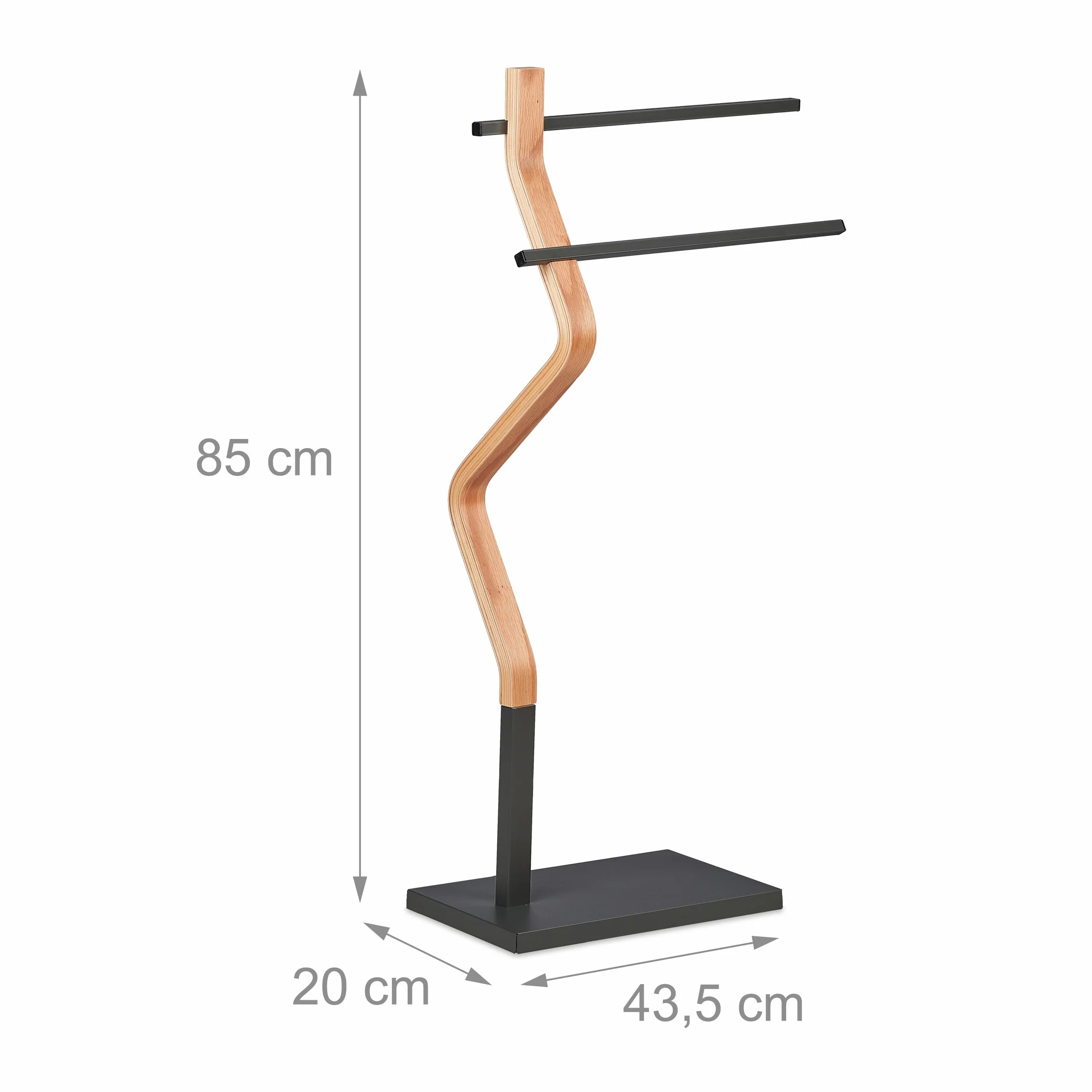 Relaxdays Wieszak na ręczniki wygięty design, 2 metalowe drążki, wys. x szer. x gł.: 85 x 43,5 x 20 cm, stojak łazienkowy, stal i MDF, naturalny/szary