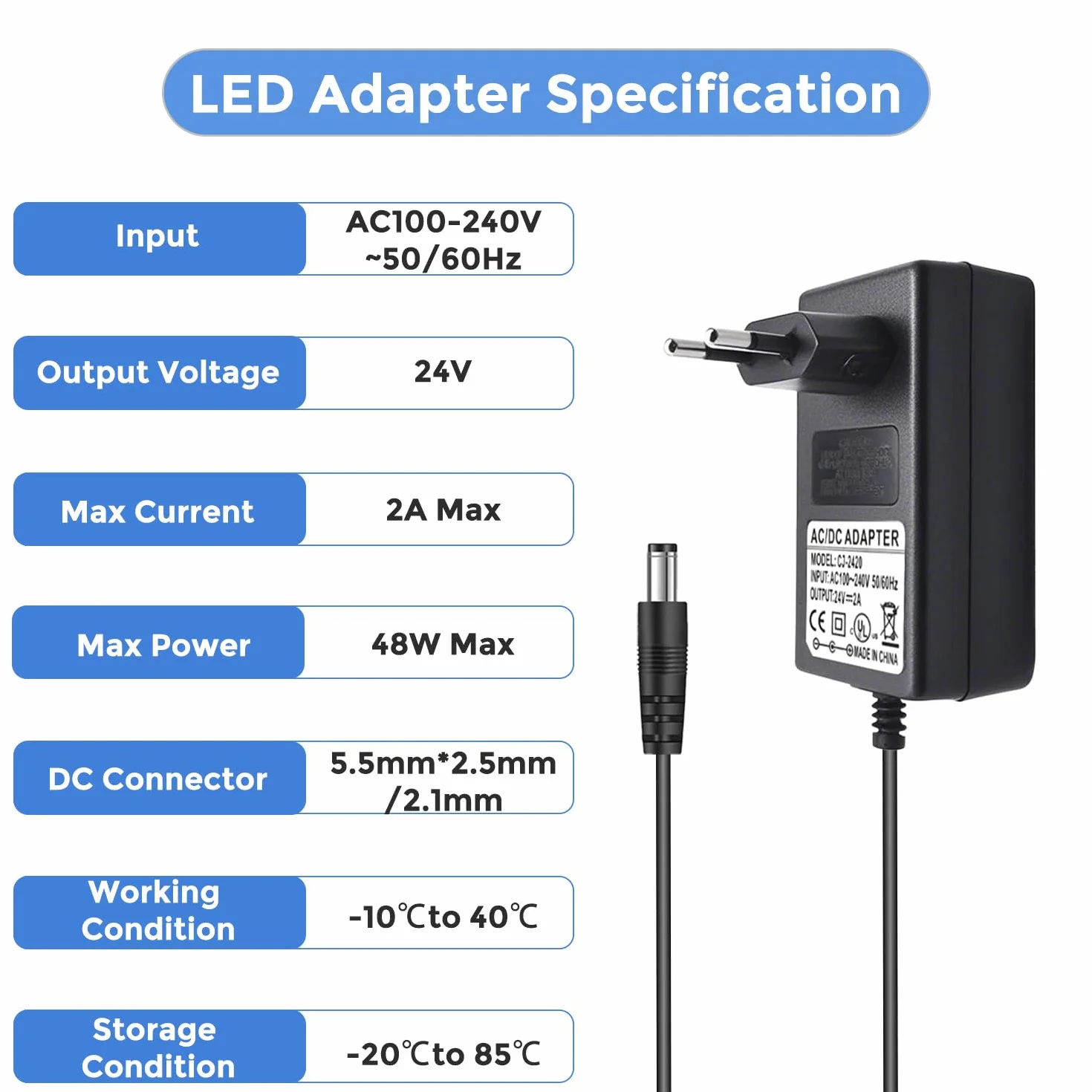 Arotelicht Zasilacz sieciowy LED 24 V 2 A AC 100-240 V transformator 48 W adapter 5,5 x 2,1/2,5 mm - prąd stały, bez migotania i ochrona bezpieczeństwa (bez ładowarki), wtyczka EU