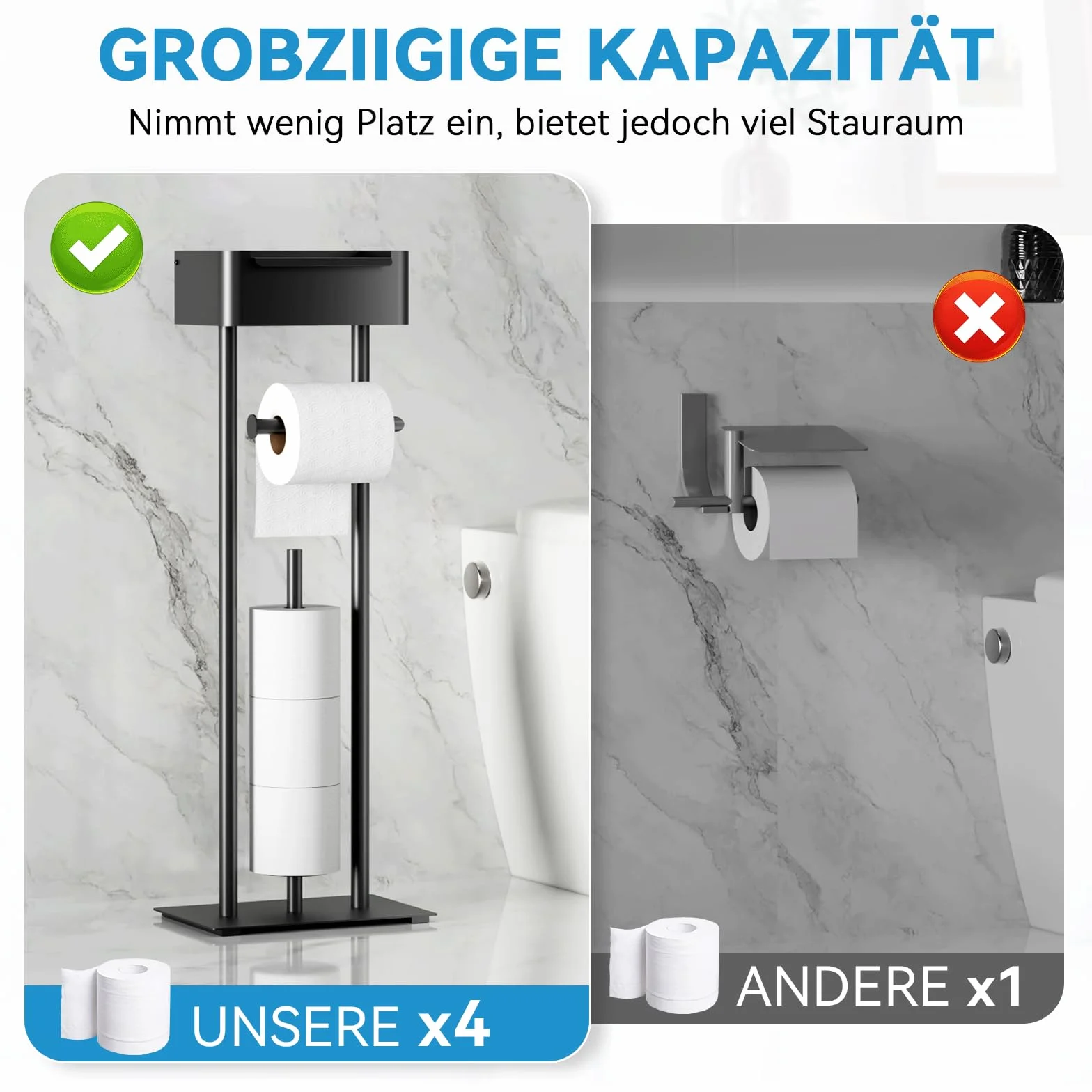 Stojak na papier toaletowy z pudełkiem na chusteczki na 4 rolki czarny