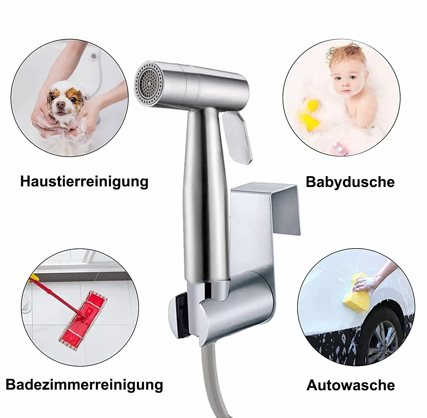 Bidet, ręczny spryskiwacz toaletowy, podwójny tryb (Jet/Stream), do prysznica, łazienki, higieniczny, do czyszczenia pieluch, z wężem sprężynowym G1/2" i zaworem G3/8"