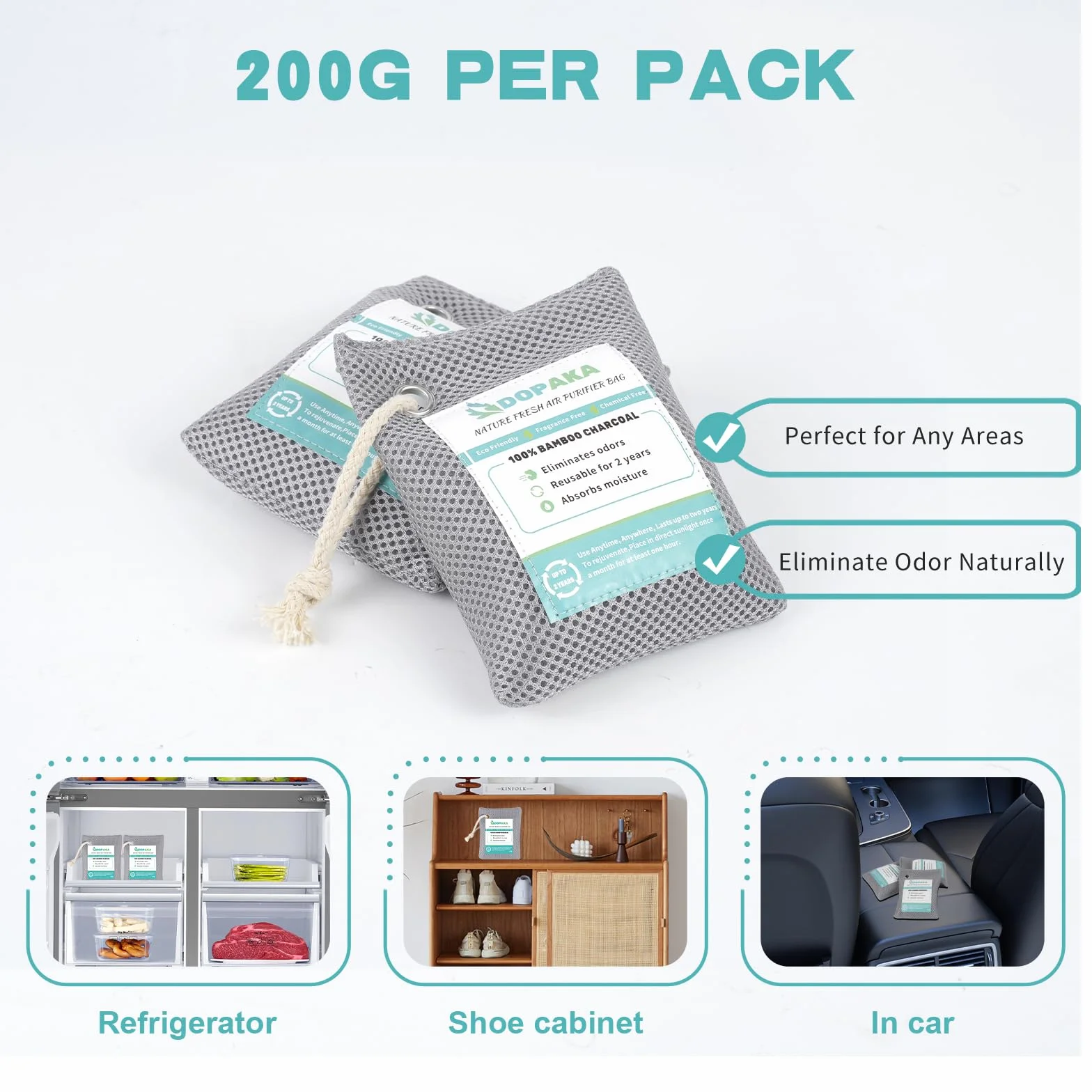 Worki do oczyszczania powietrza z węglem bambusowym (200g x4), usuwają zapachy i wilgoć, naturalne woreczki do oczyszczania świeżego powietrza do szafy, butów, dużego