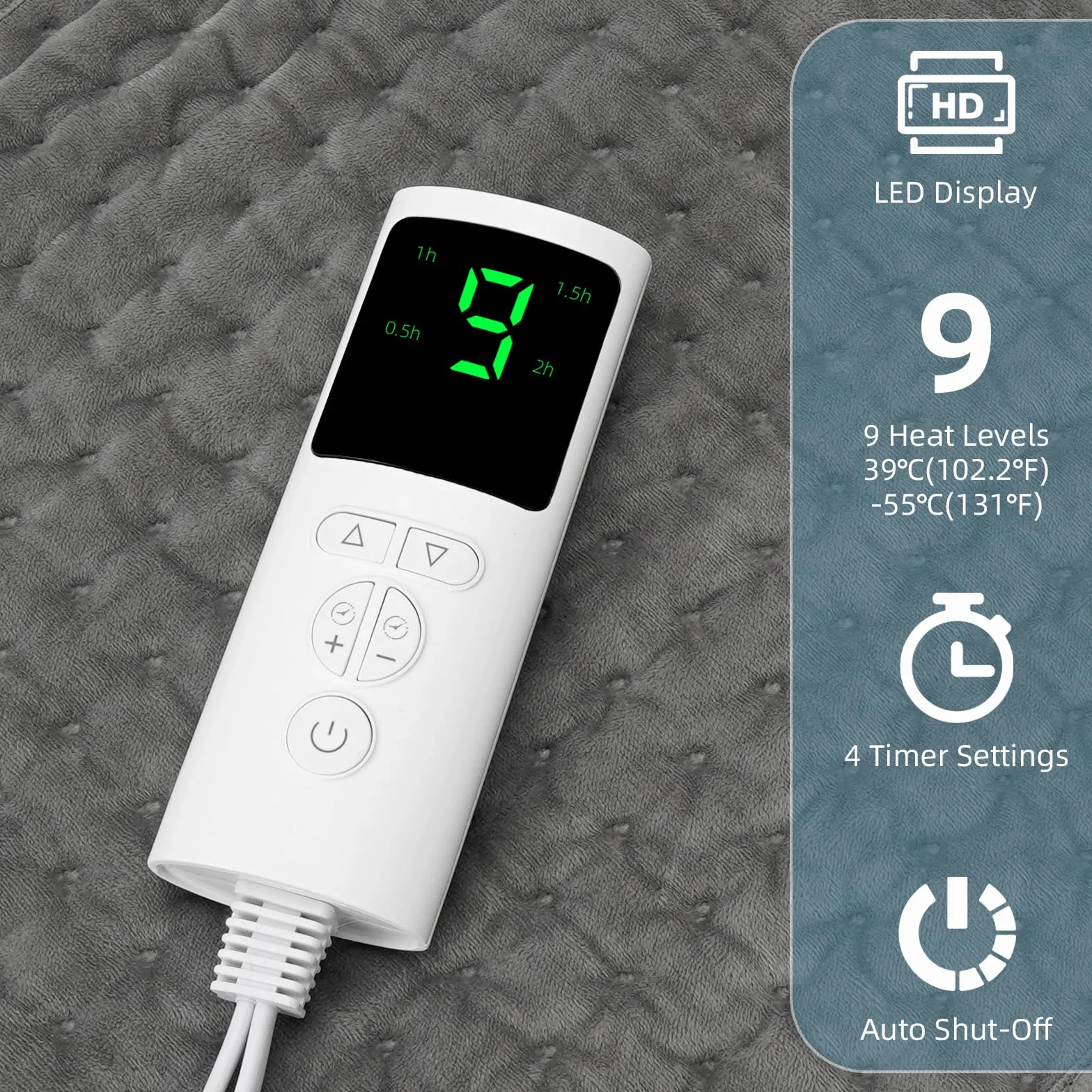 LURICO Koc elektryczny mata z automatycznym wyłączaniem 9 ustawień temperatury 4 prędkości ochrona przed przegrzaniem zmywalna 30x130 cm